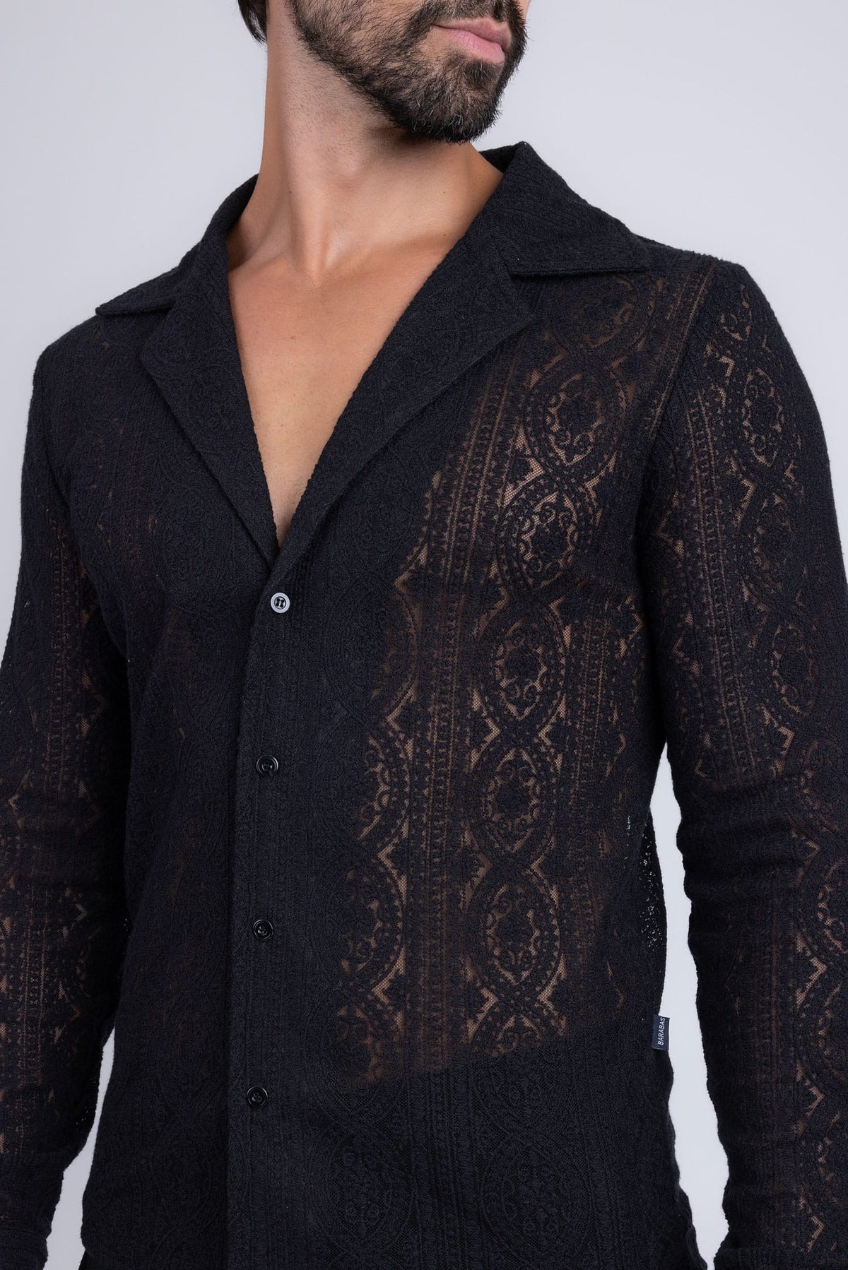 Barabas Men's Embroidered See Through Floral Long Sleeve Shirts 4B85 Black