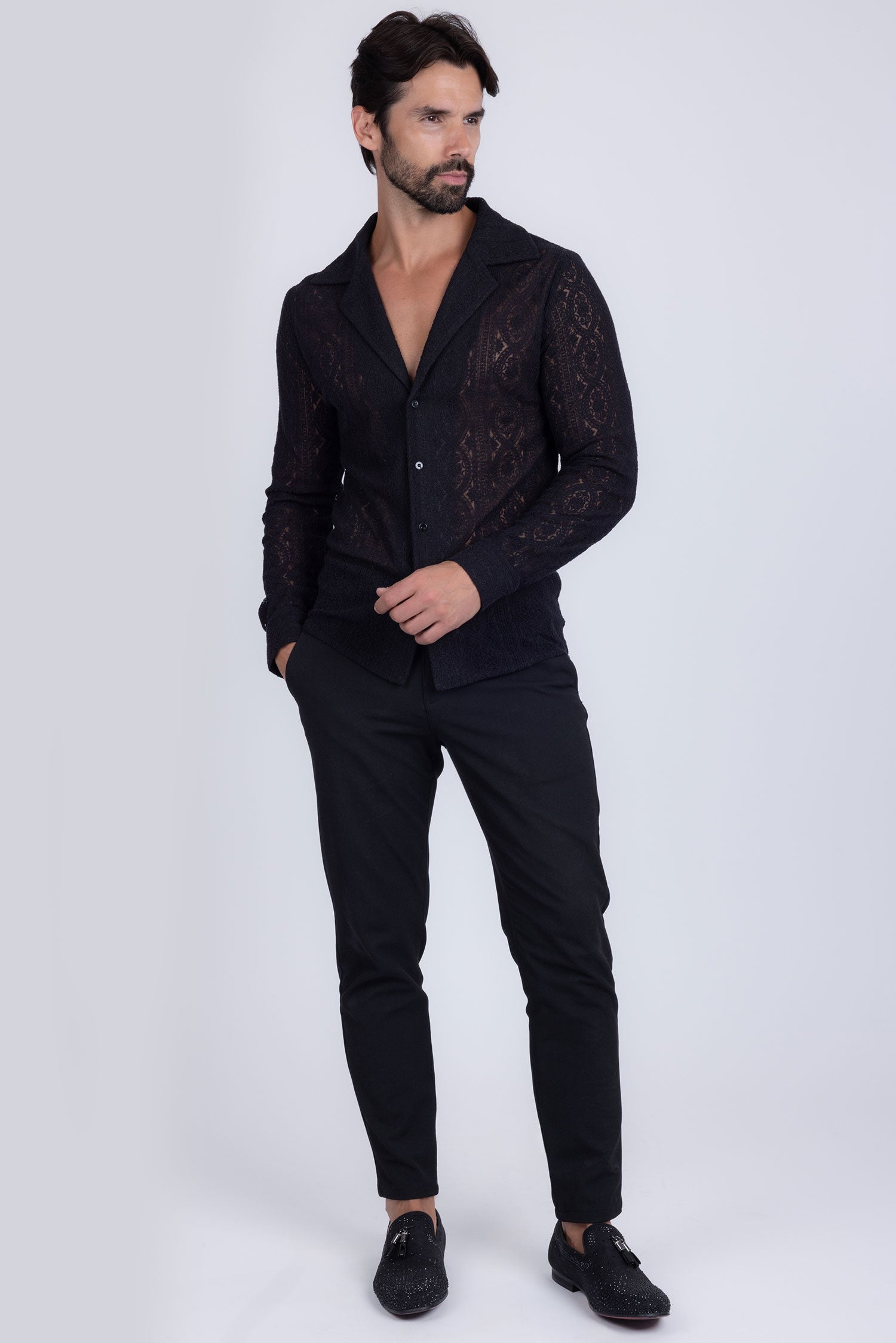 Barabas Men's Embroidered See Through Floral Long Sleeve Shirts 4B85 Black