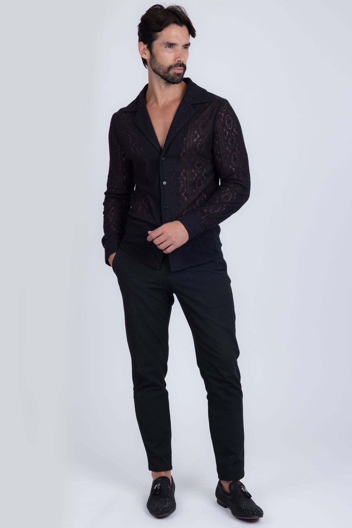 Barabas Men's Embroidered See Through Floral Long Sleeve Shirts 4B85 Black