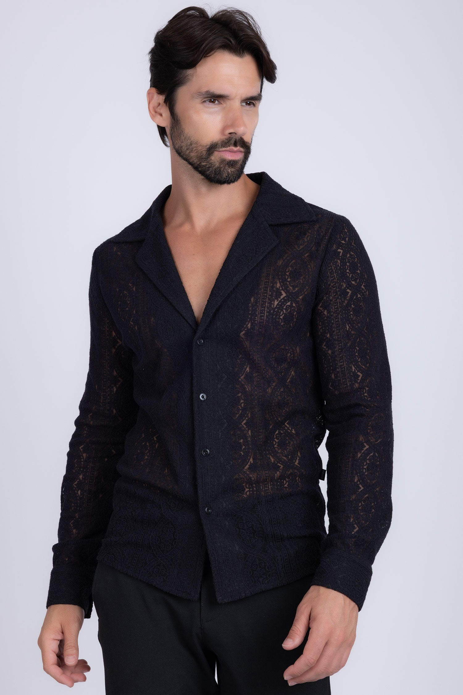Barabas Men's Embroidered See Through Floral Long Sleeve Shirts 4B85 Black