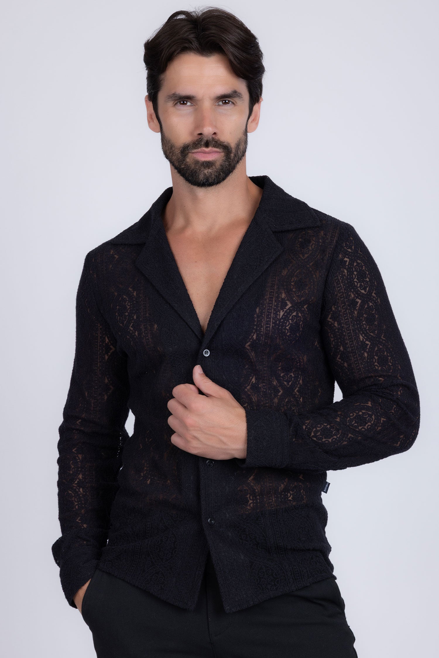 Barabas Men's Embroidered See Through Floral Long Sleeve Shirts 4B85 Black