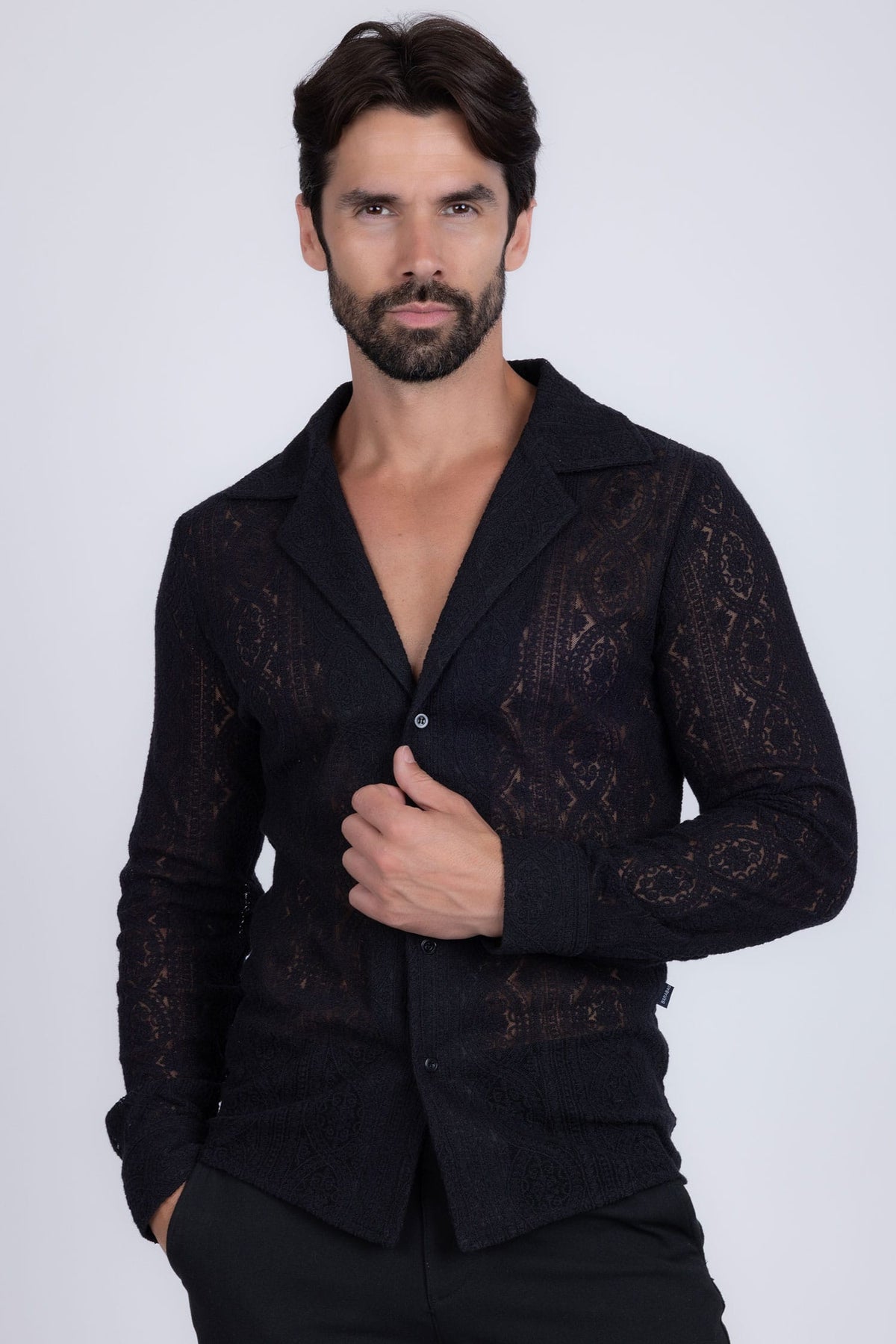 Barabas Men's Embroidered See Through Floral Long Sleeve Shirts 4B85 Black