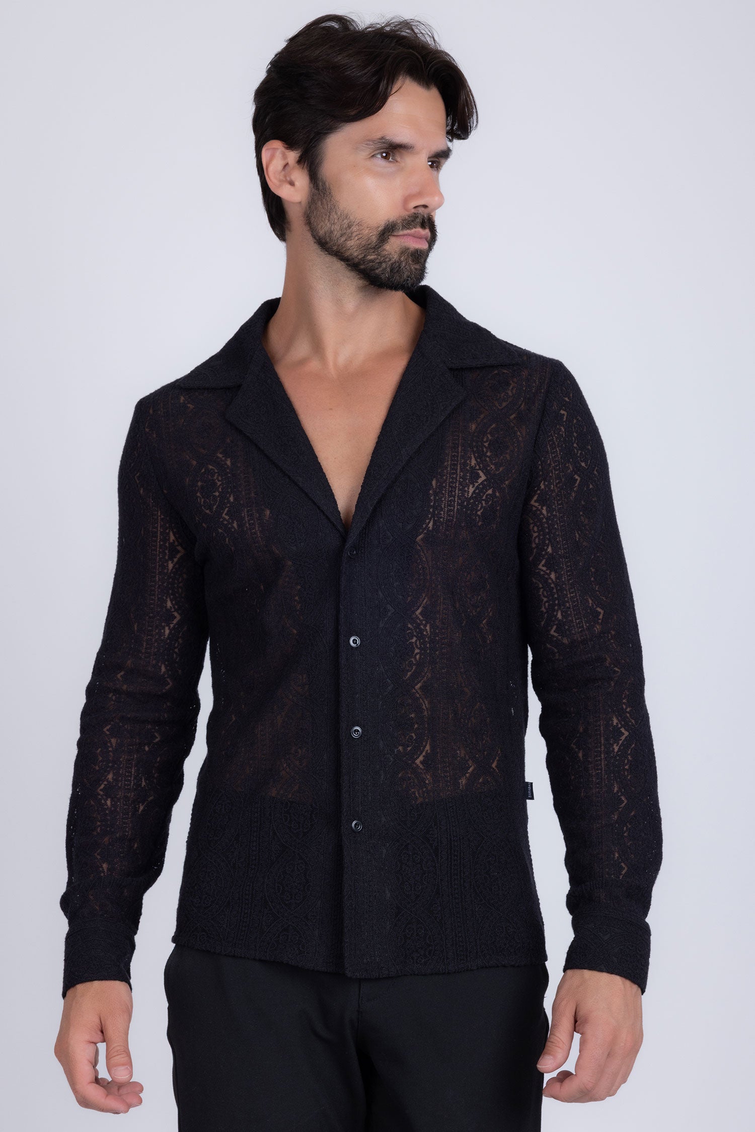 Barabas Men's Embroidered See Through Floral Long Sleeve Shirts 4B85 Black