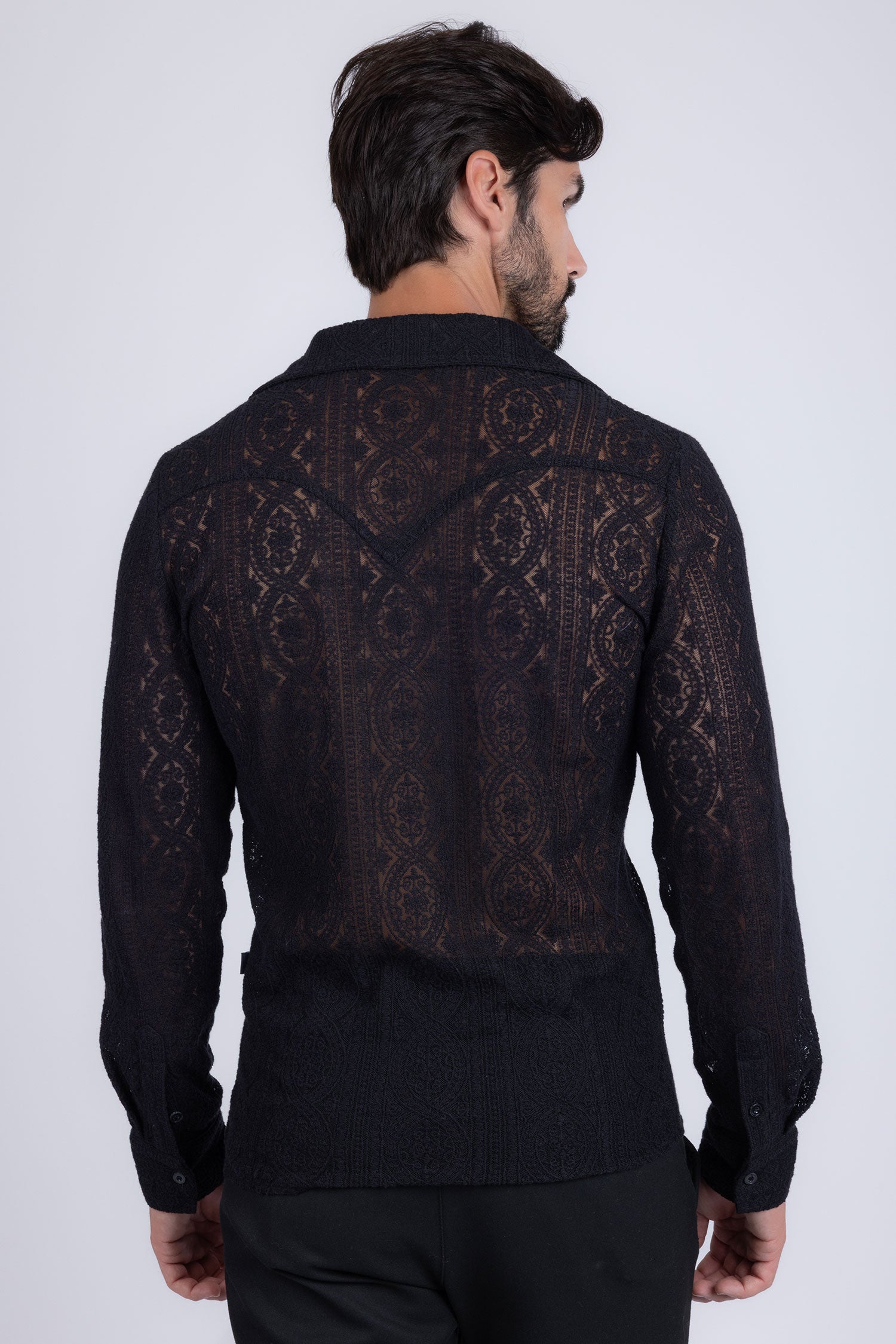 Barabas Men's Embroidered See Through Floral Long Sleeve Shirts 4B85 Black