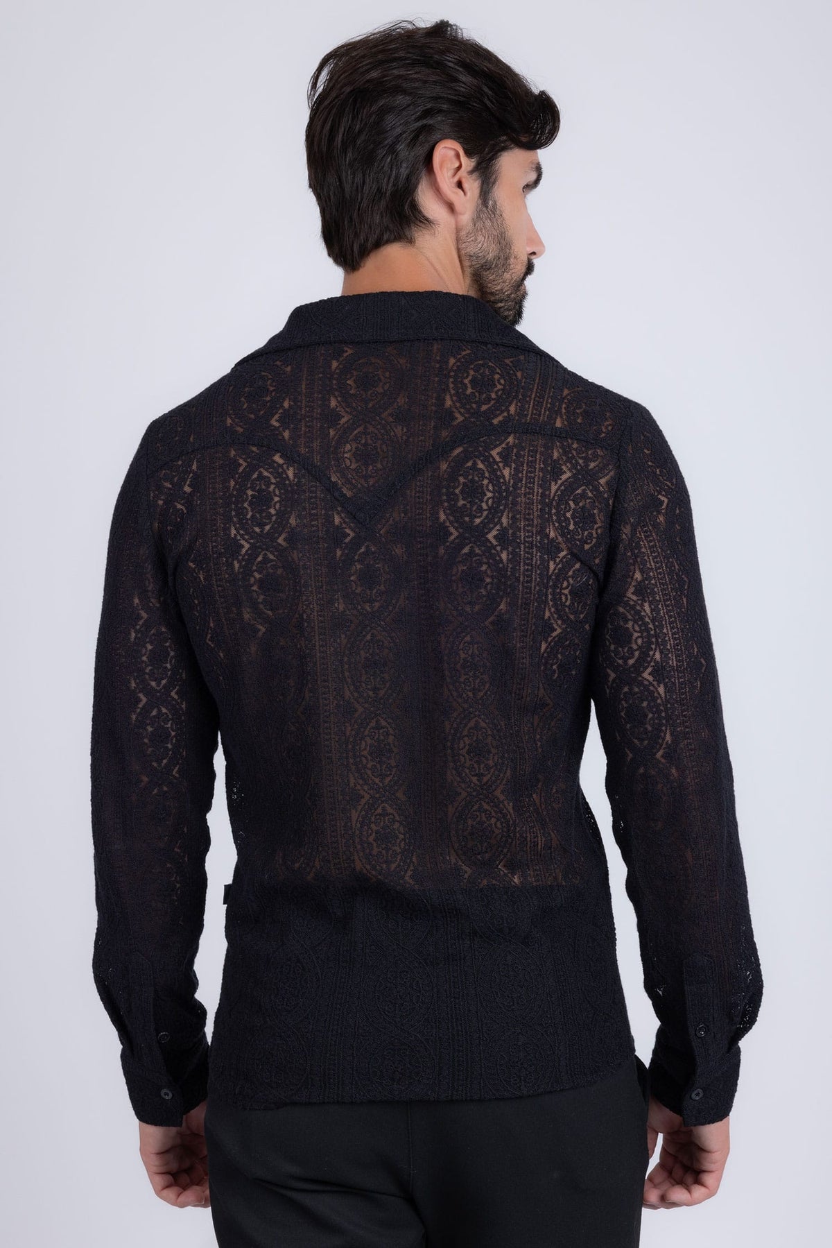 Barabas Men's Embroidered See Through Floral Long Sleeve Shirts 4B85 Black