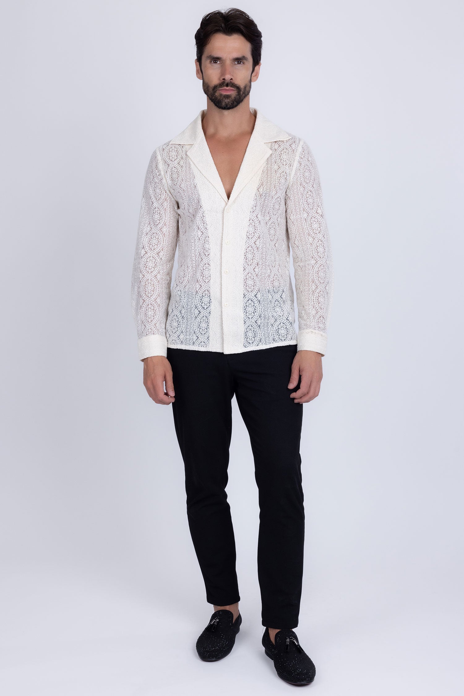 Barabas Men's Embroidered See Through Floral Long Sleeve Shirts 4B85 White