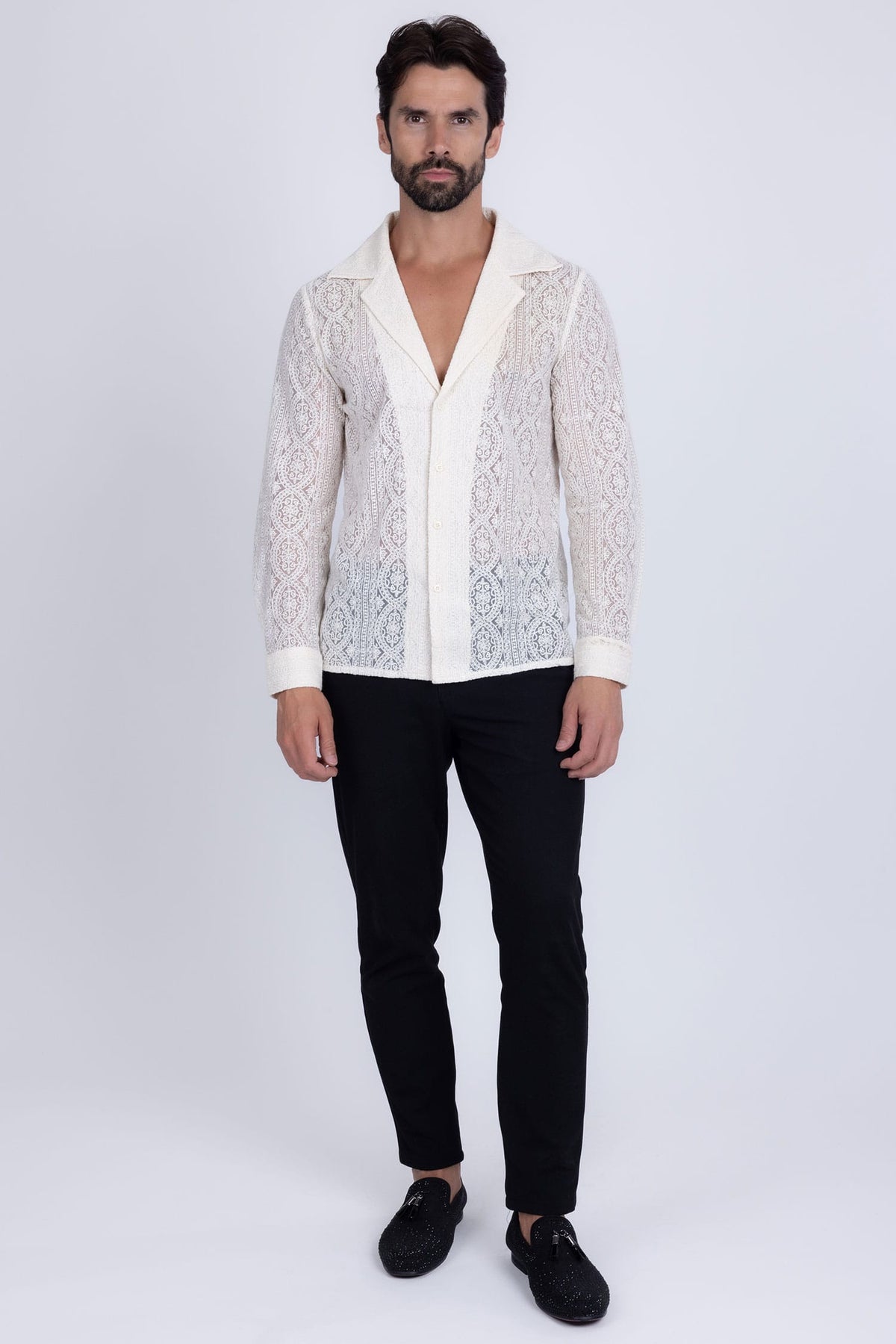 Barabas Men's Embroidered See Through Floral Long Sleeve Shirts 4B85 White