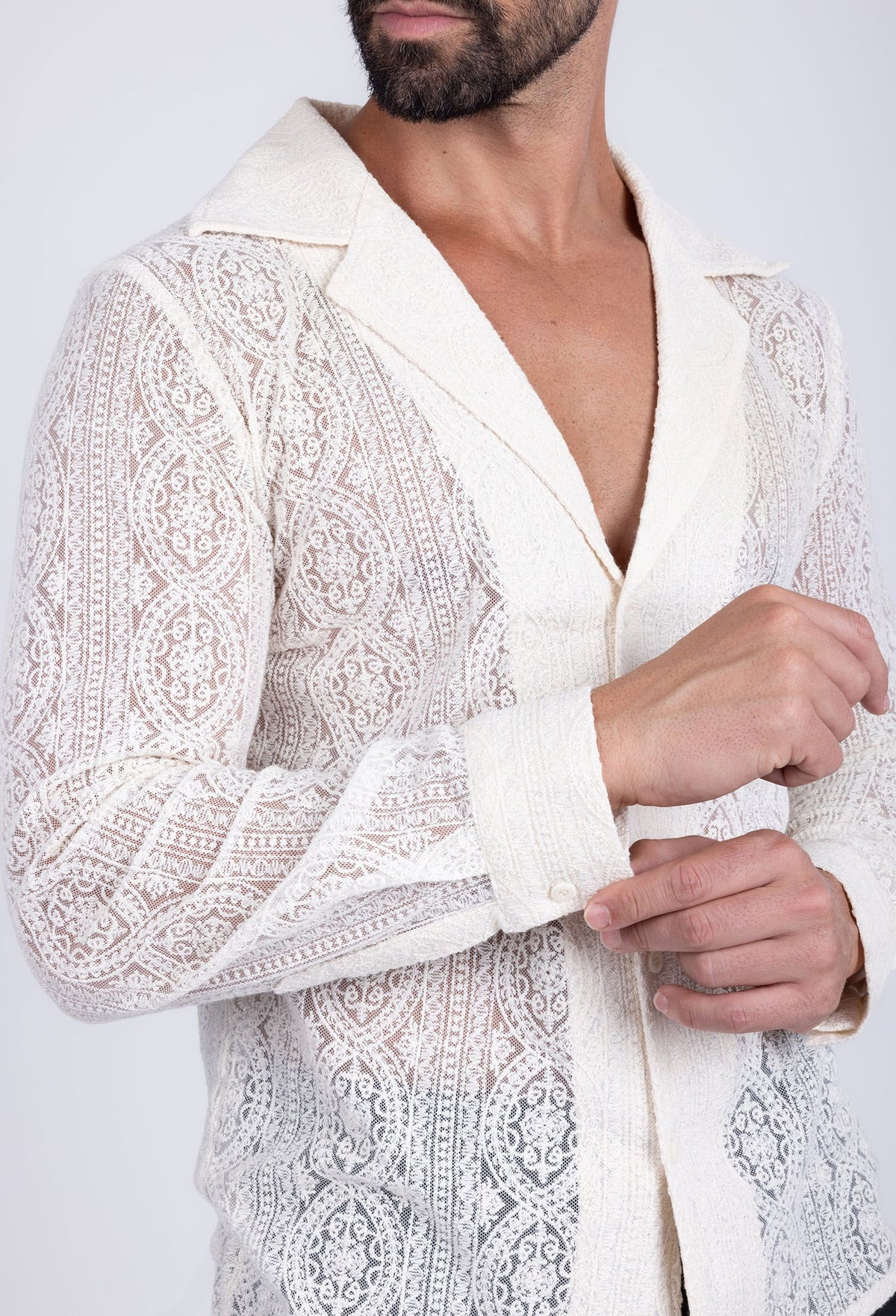 Barabas Men's Embroidered See Through Floral Long Sleeve Shirts 4B85 White