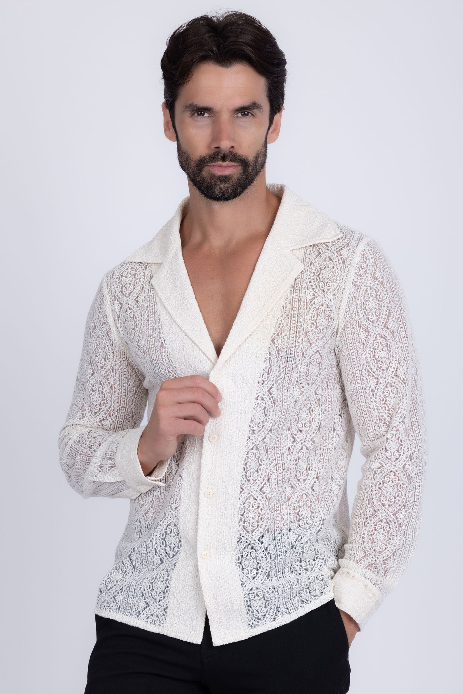 Barabas Men's Embroidered See Through Floral Long Sleeve Shirts 4B85 White