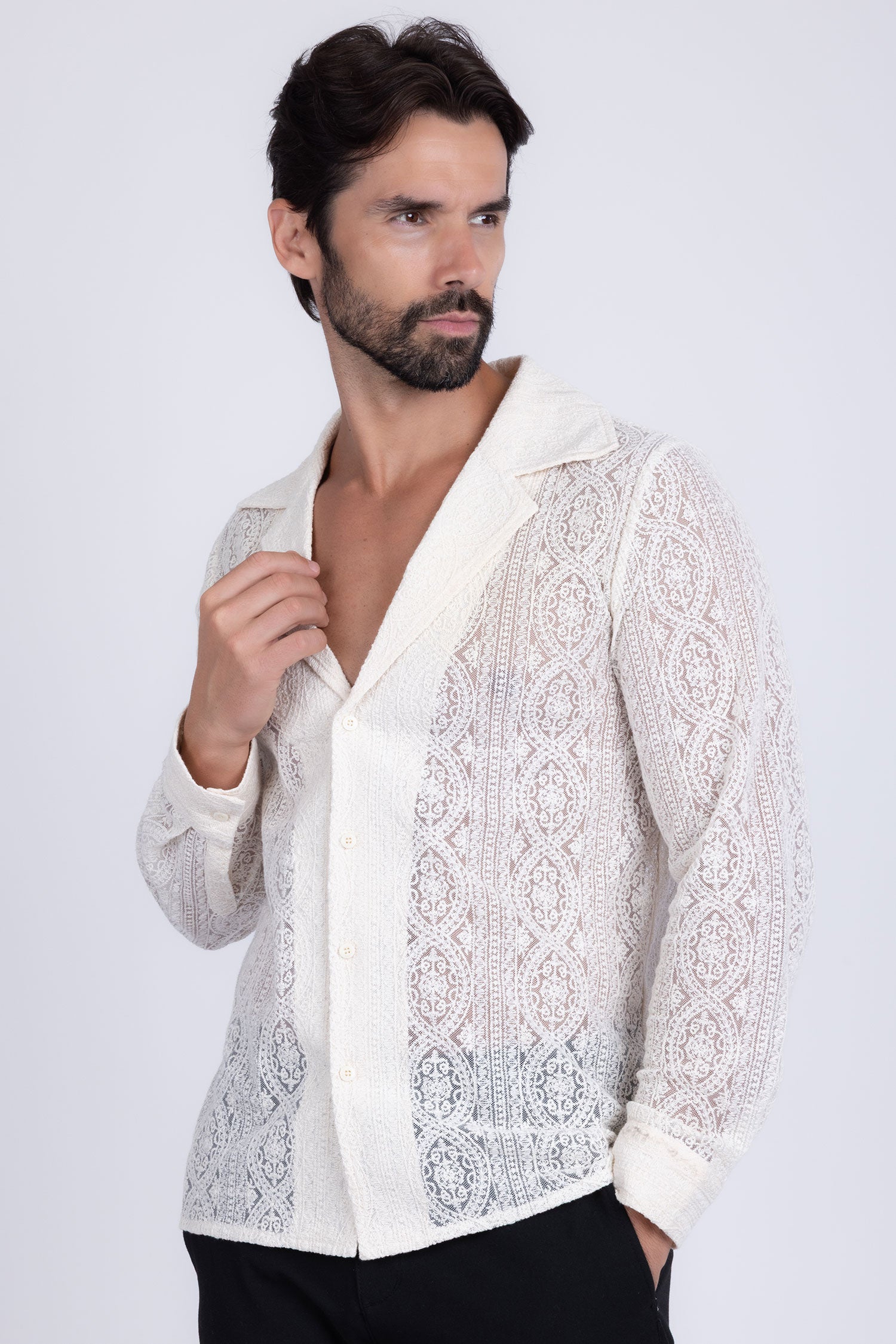 Barabas Men's Embroidered See Through Floral Long Sleeve Shirts 4B85 White