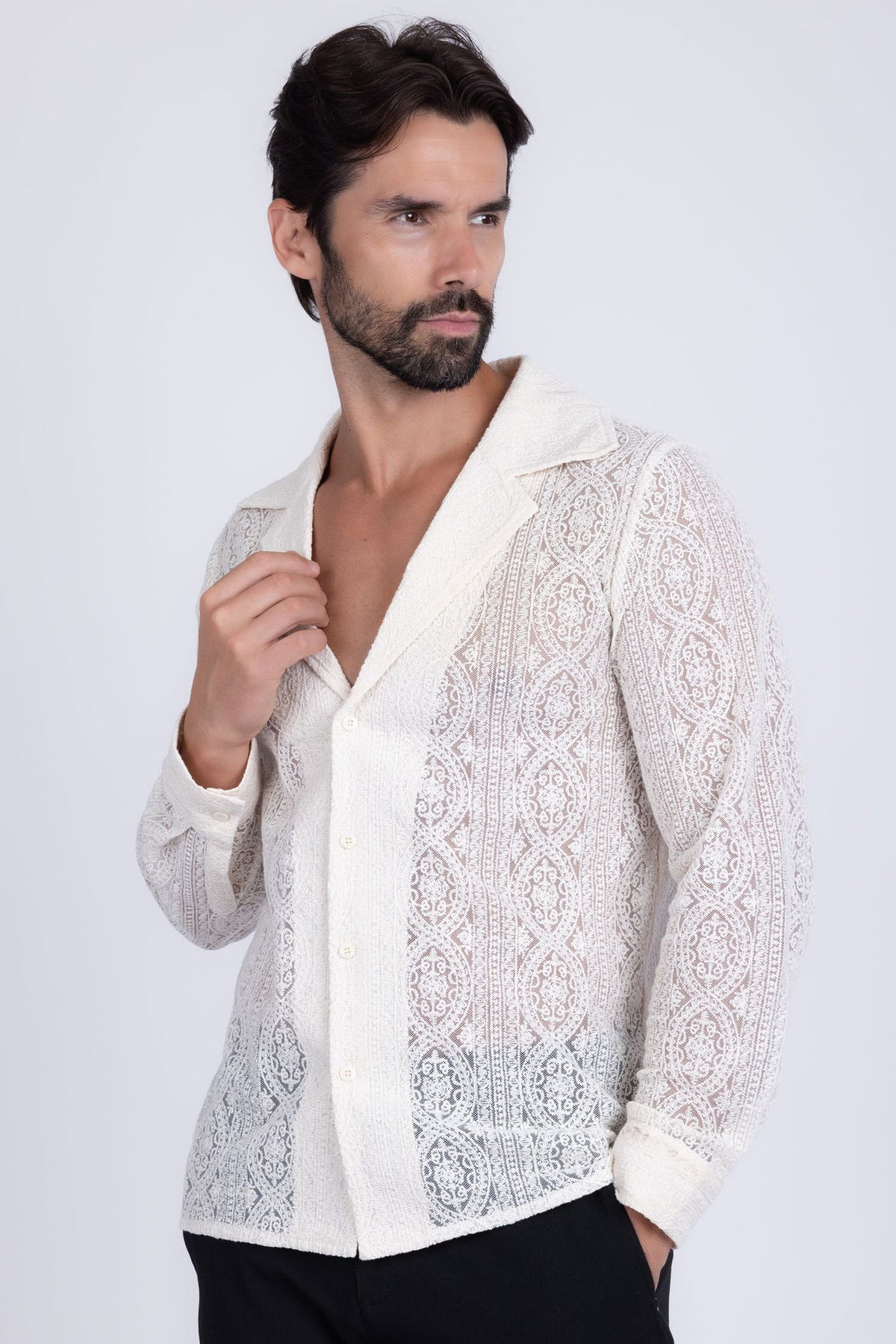 Barabas Men's Embroidered See Through Floral Long Sleeve Shirts 4B85 White