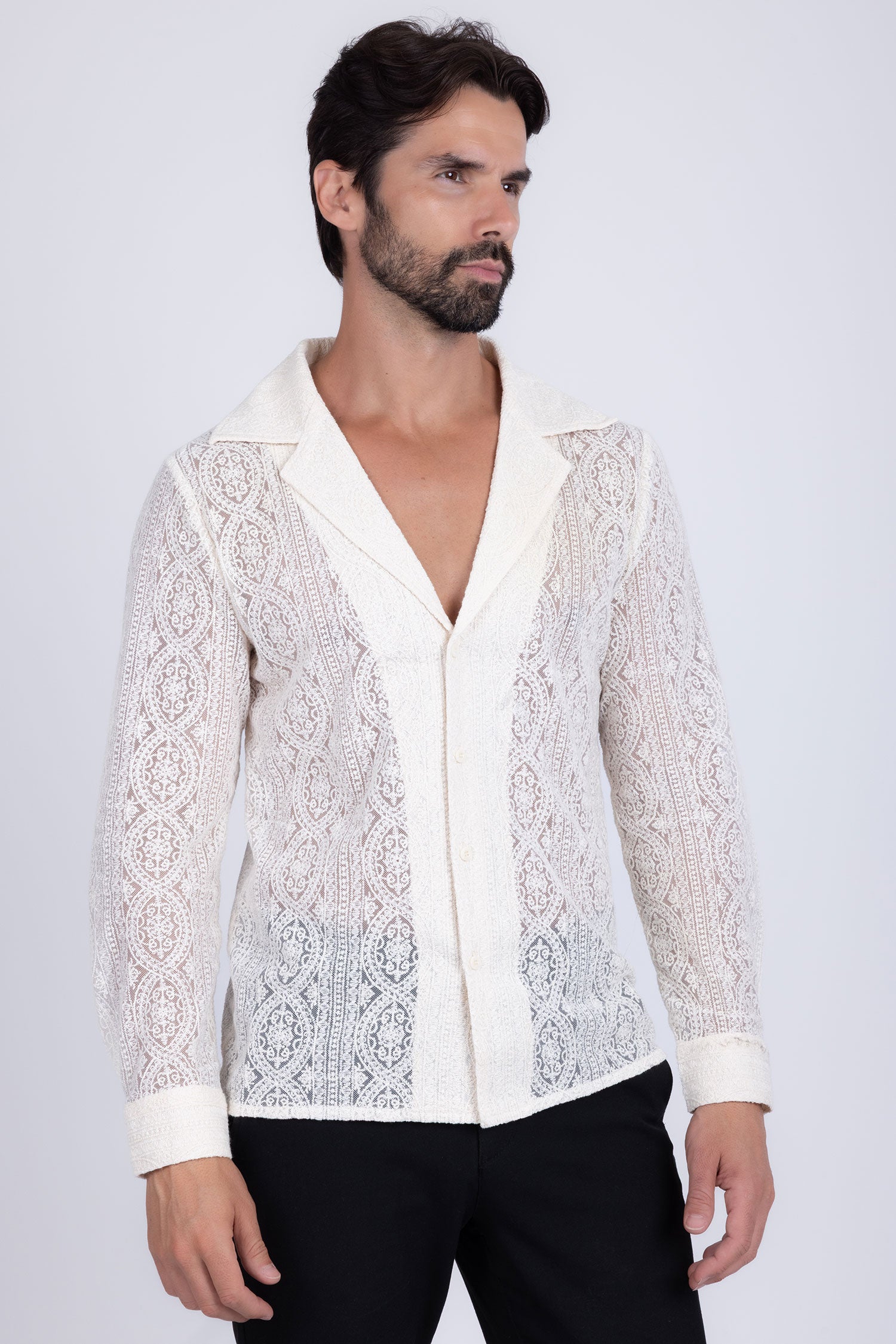 Barabas Men's Embroidered See Through Floral Long Sleeve Shirts 4B85 White