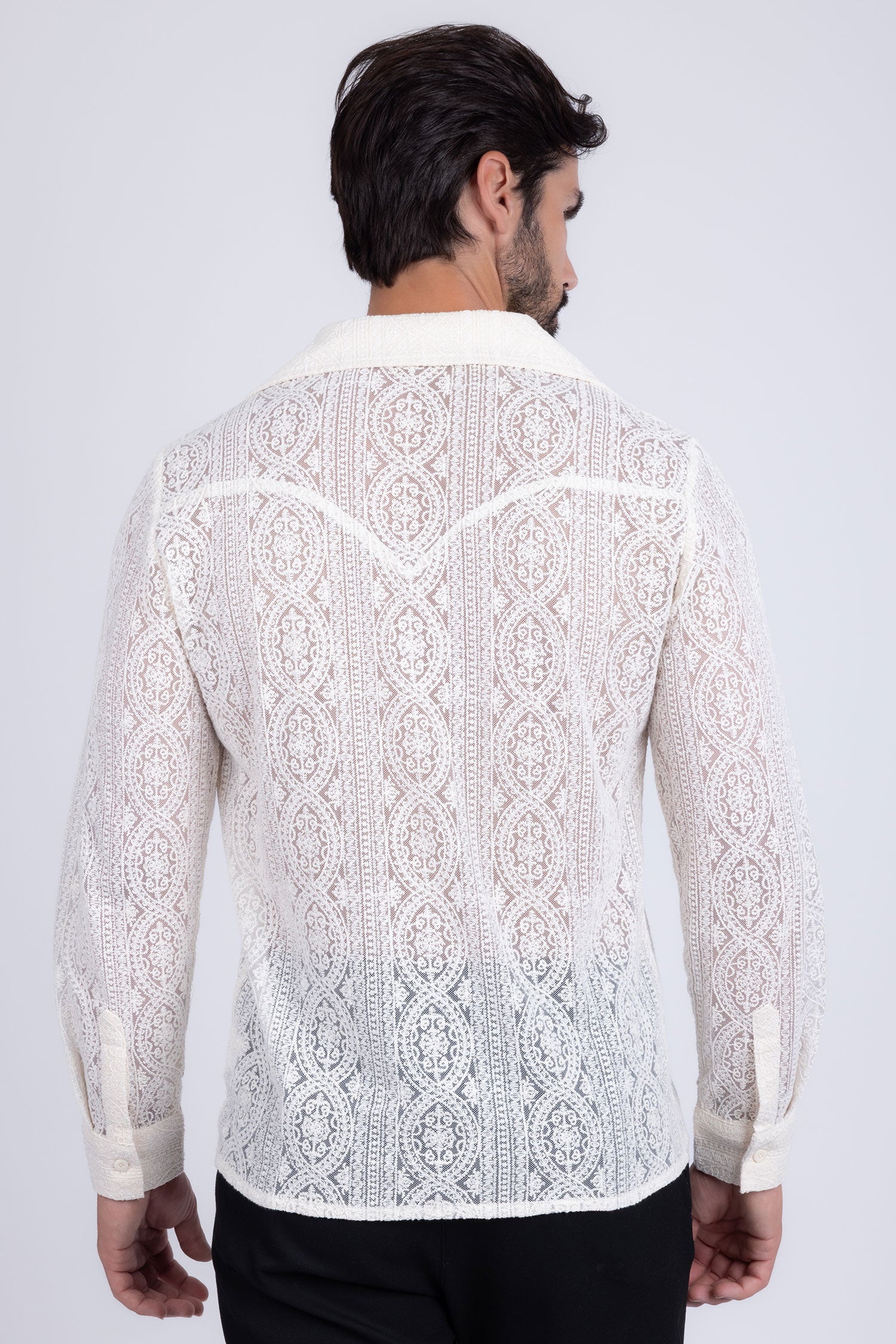 Barabas Men's Embroidered See Through Floral Long Sleeve Shirts 4B85 White