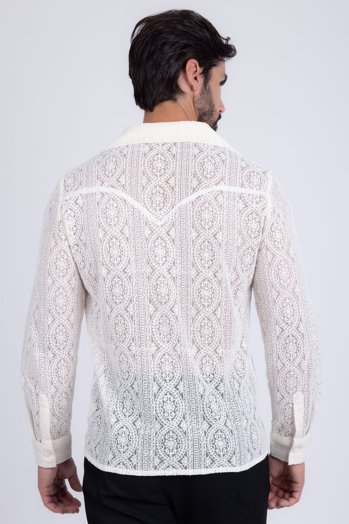 Barabas Men's Embroidered See Through Floral Long Sleeve Shirts 4B85 White