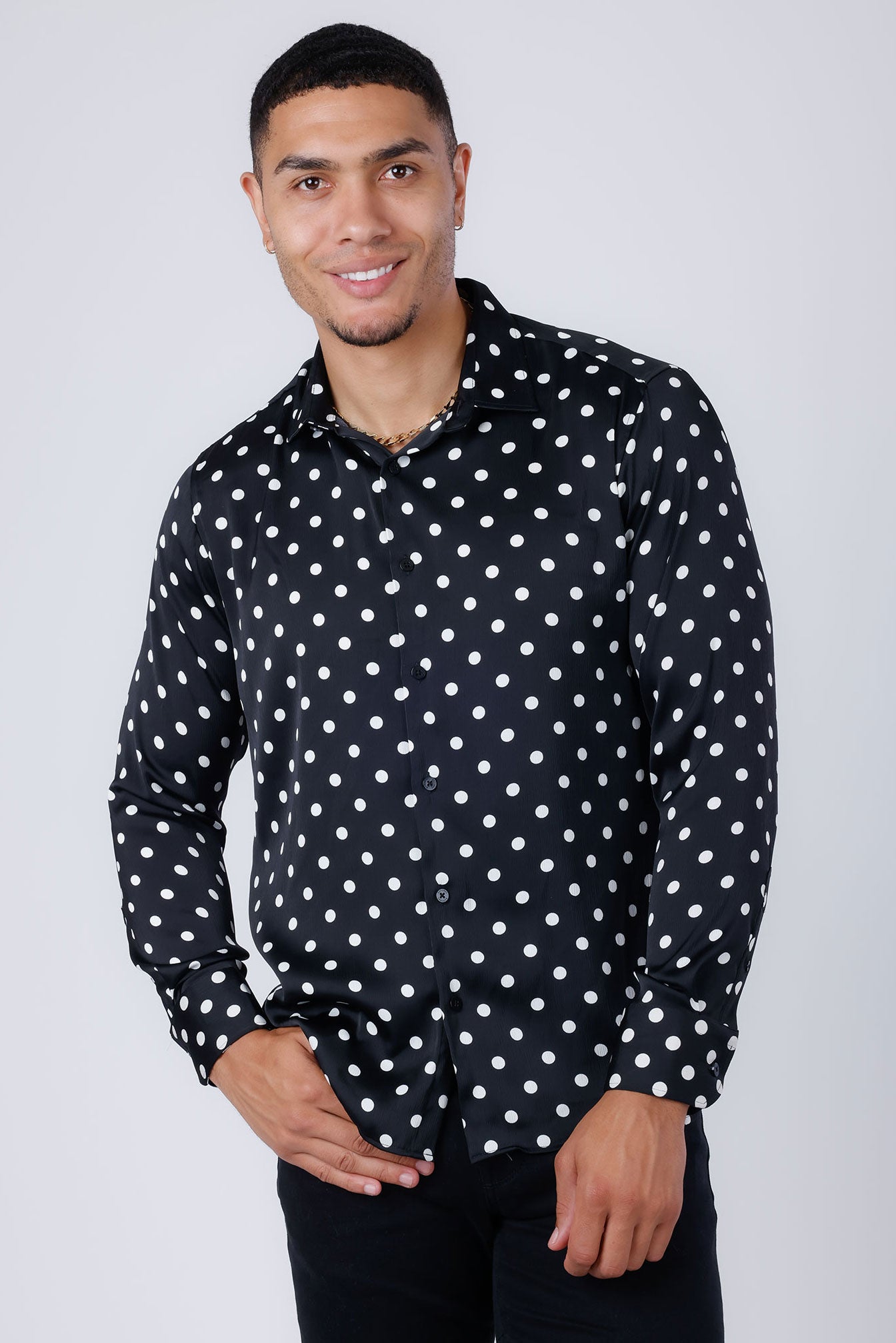 Barabas Men's Polka Dots Silk Feel Shiny Long Sleeve Shirt 4B86 Black