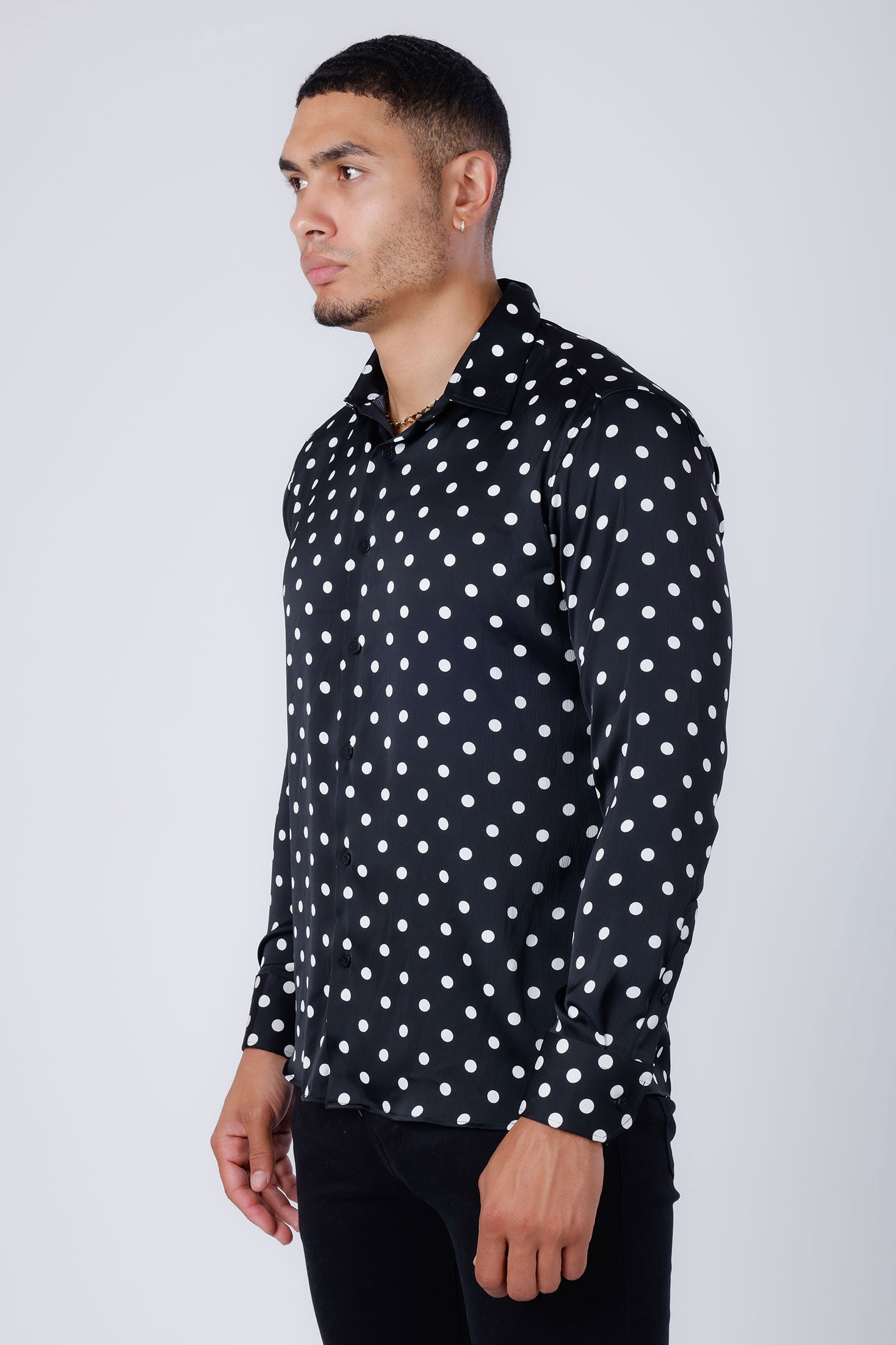 Barabas Men's Polka Dots Silk Feel Shiny Long Sleeve Shirt 4B86 Black