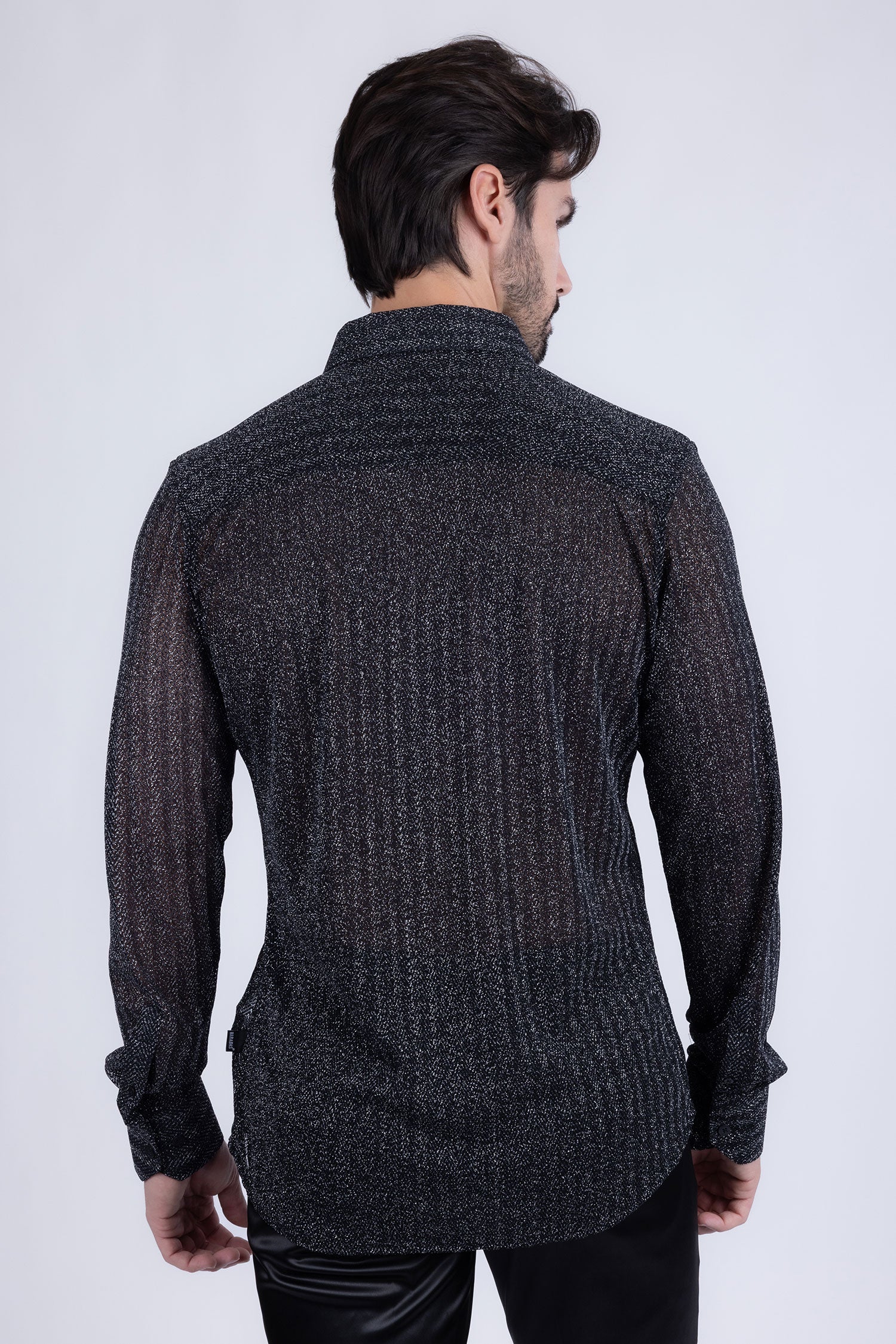 Barabas Men's Stretch Geometric See Through Long Sleeve Shirt 4B94 Black