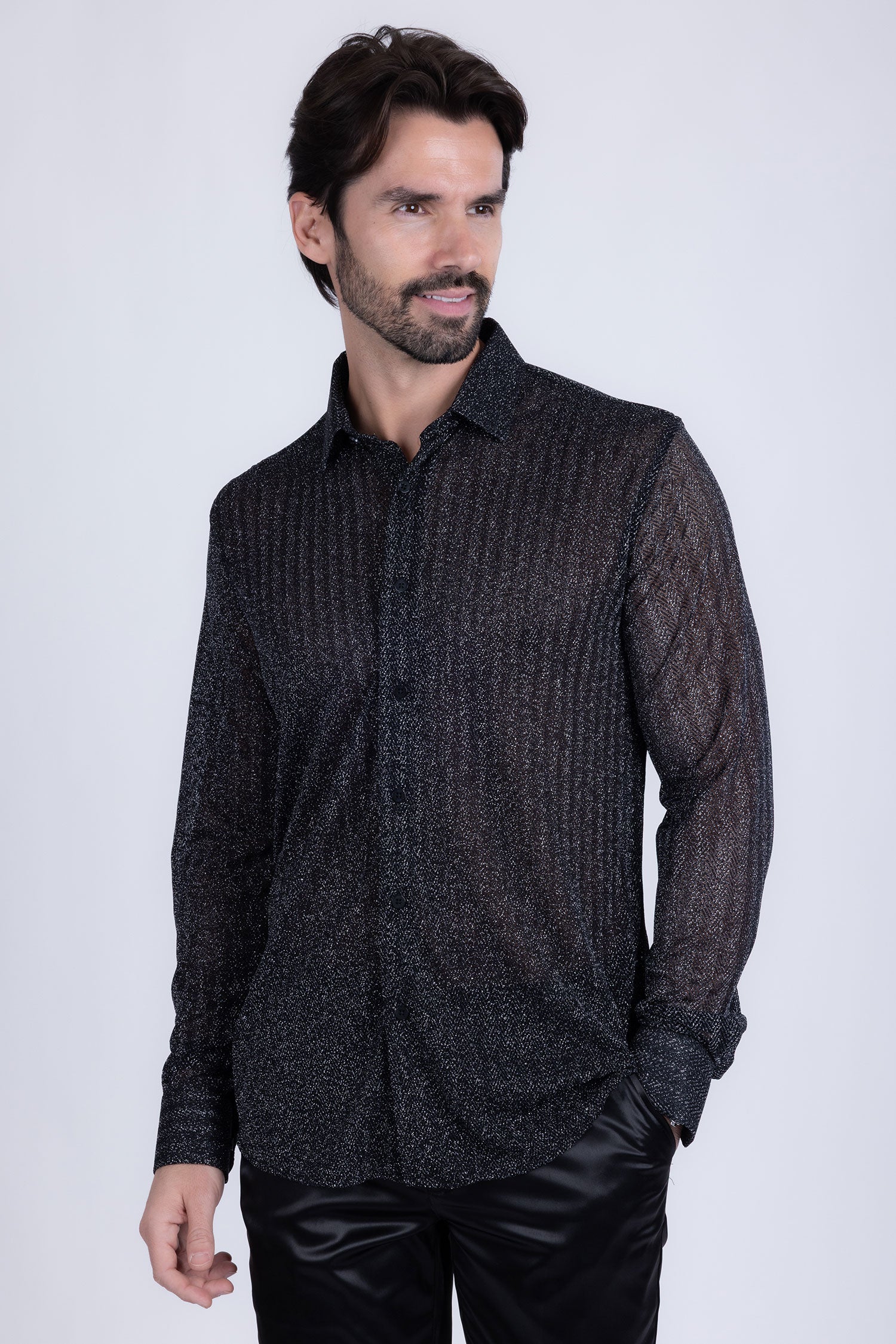 Barabas Men's Stretch Geometric See Through Long Sleeve Shirt 4B94 Black