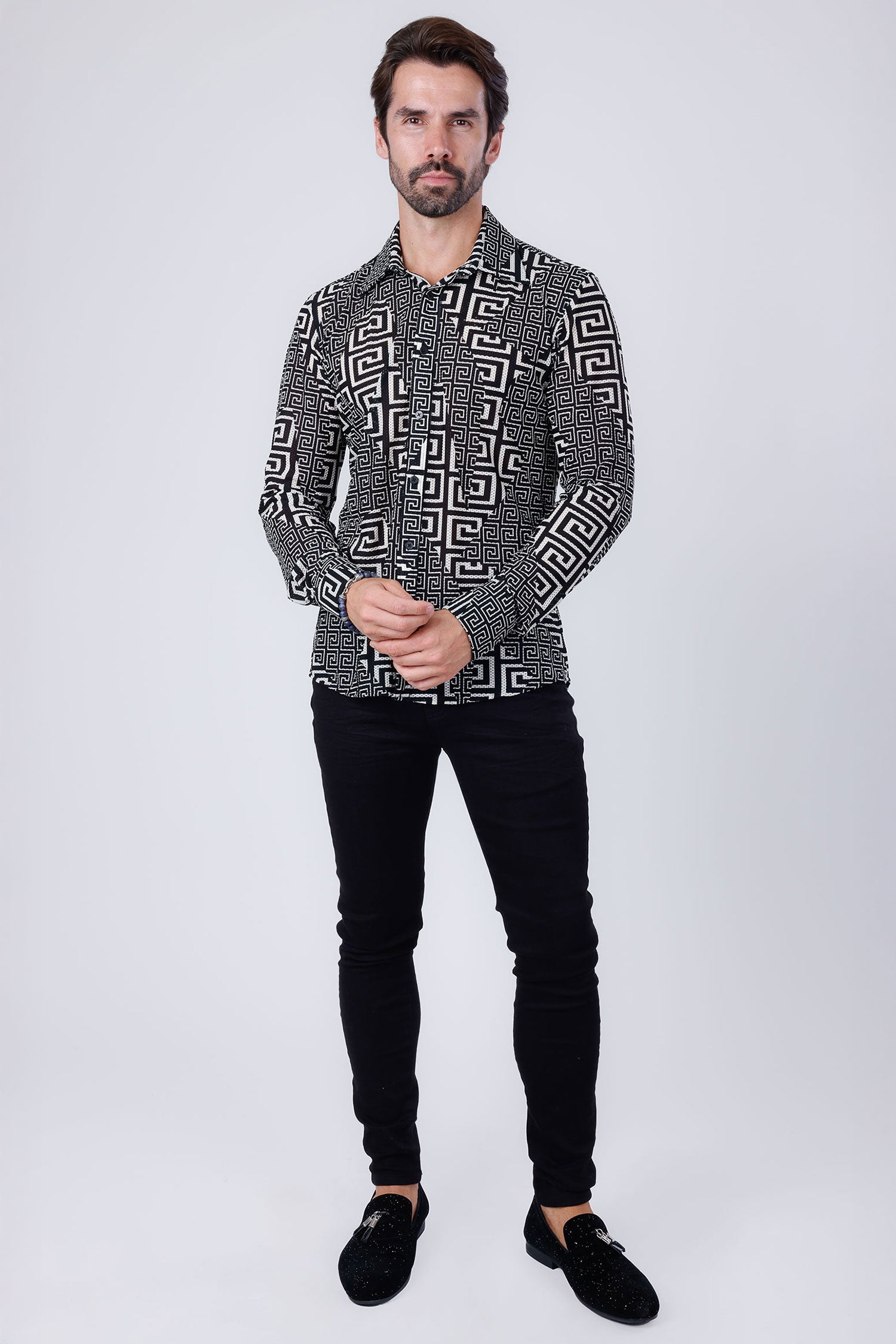 Barabas Men's Greek Key Stretch See Through Long Sleeve Shirt 4B96 Black