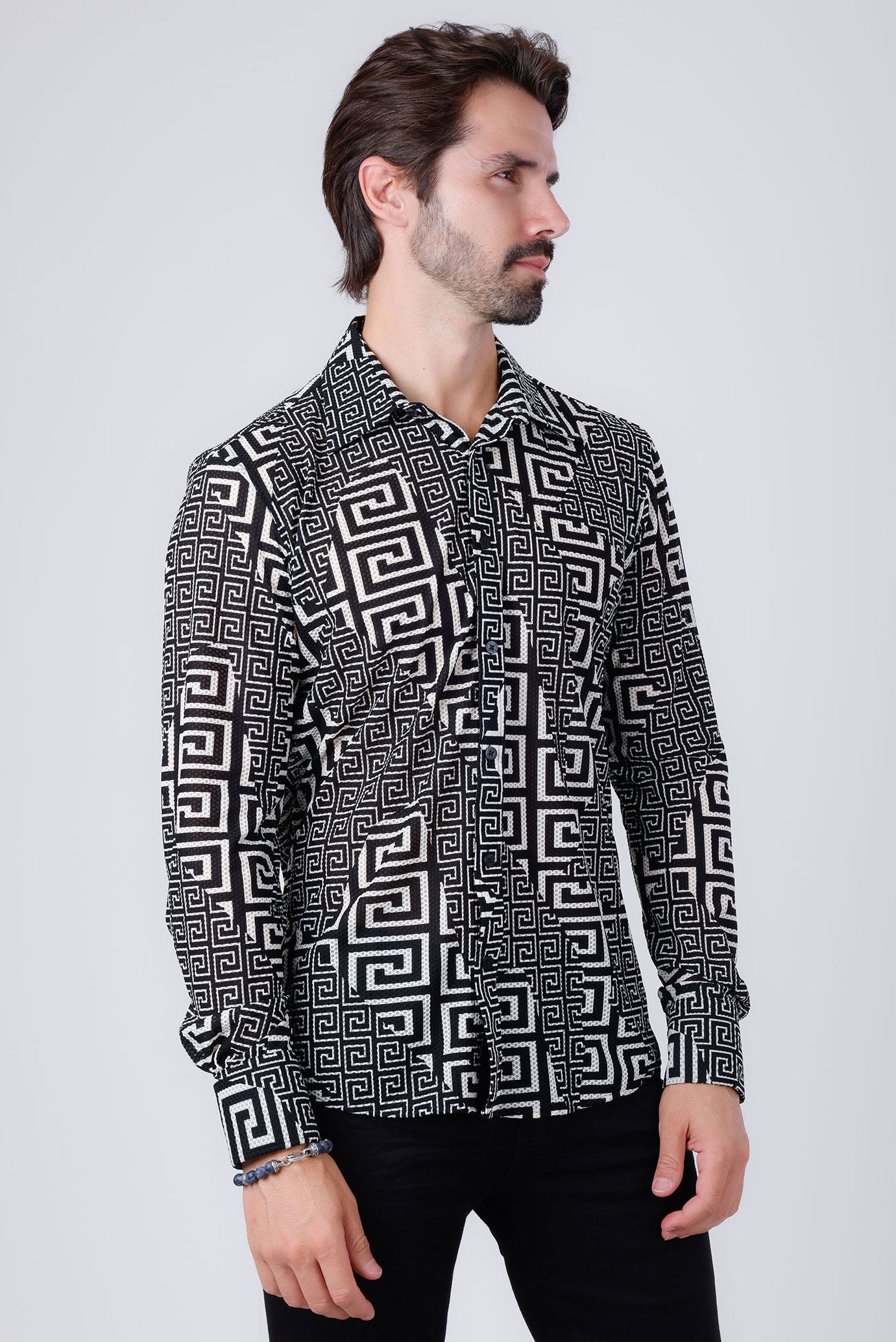 Barabas Men's Greek Key Stretch See Through Long Sleeve Shirt 4B96 Black