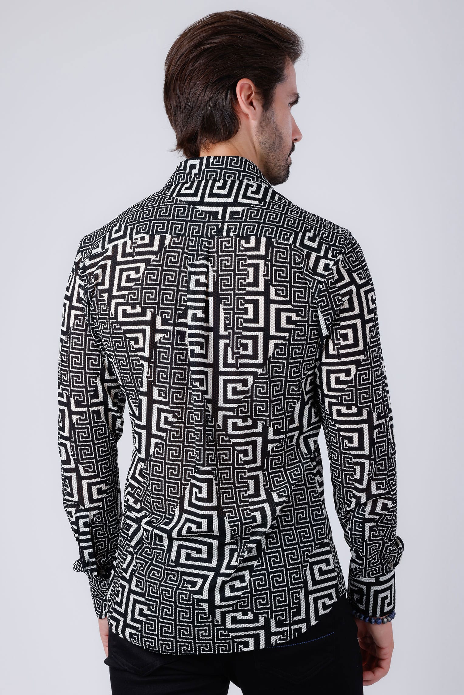 Barabas Men's Greek Key Stretch See Through Long Sleeve Shirt 4B96 Black