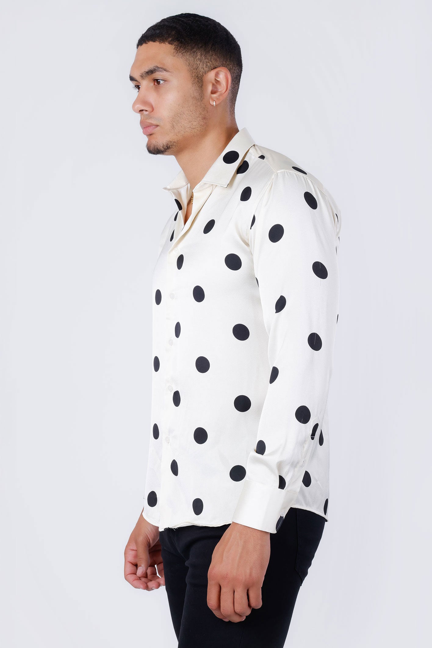 Barabas Men's Polka Dots Silk Feel Shiny Long Sleeve Shirt 4B98 White