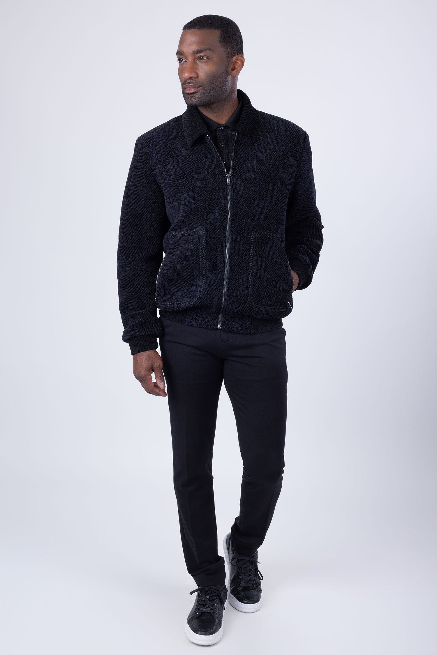Barabas Men's Weave Pattern Velvet Winter Bomber Jacket 4BH87 Black