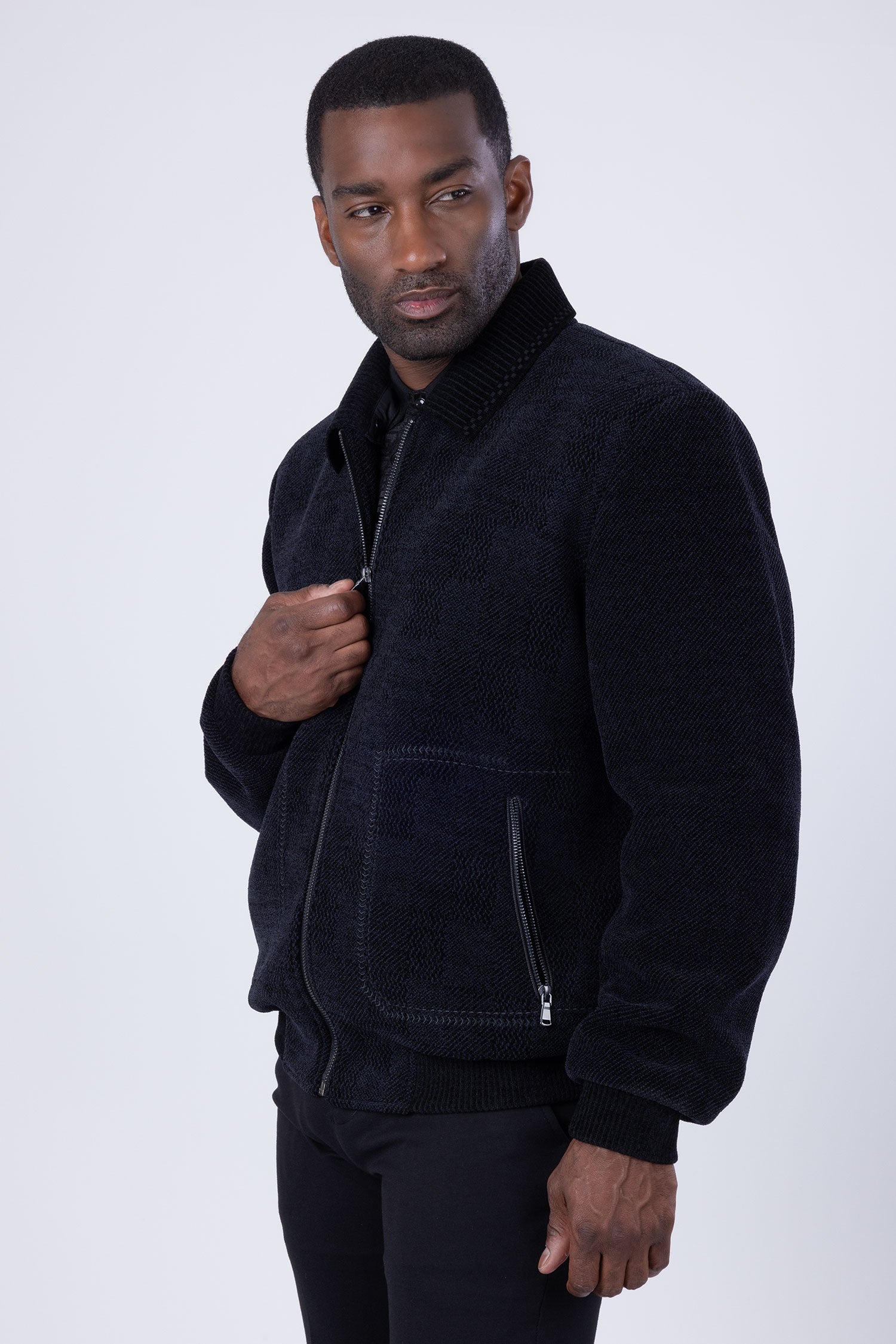 Barabas Men's Weave Pattern Velvet Winter Bomber Jacket 4BH87 Black