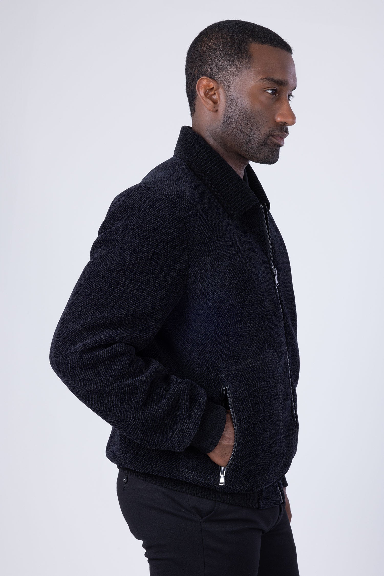 Barabas Men's Weave Pattern Velvet Winter Bomber Jacket 4BH87 Black