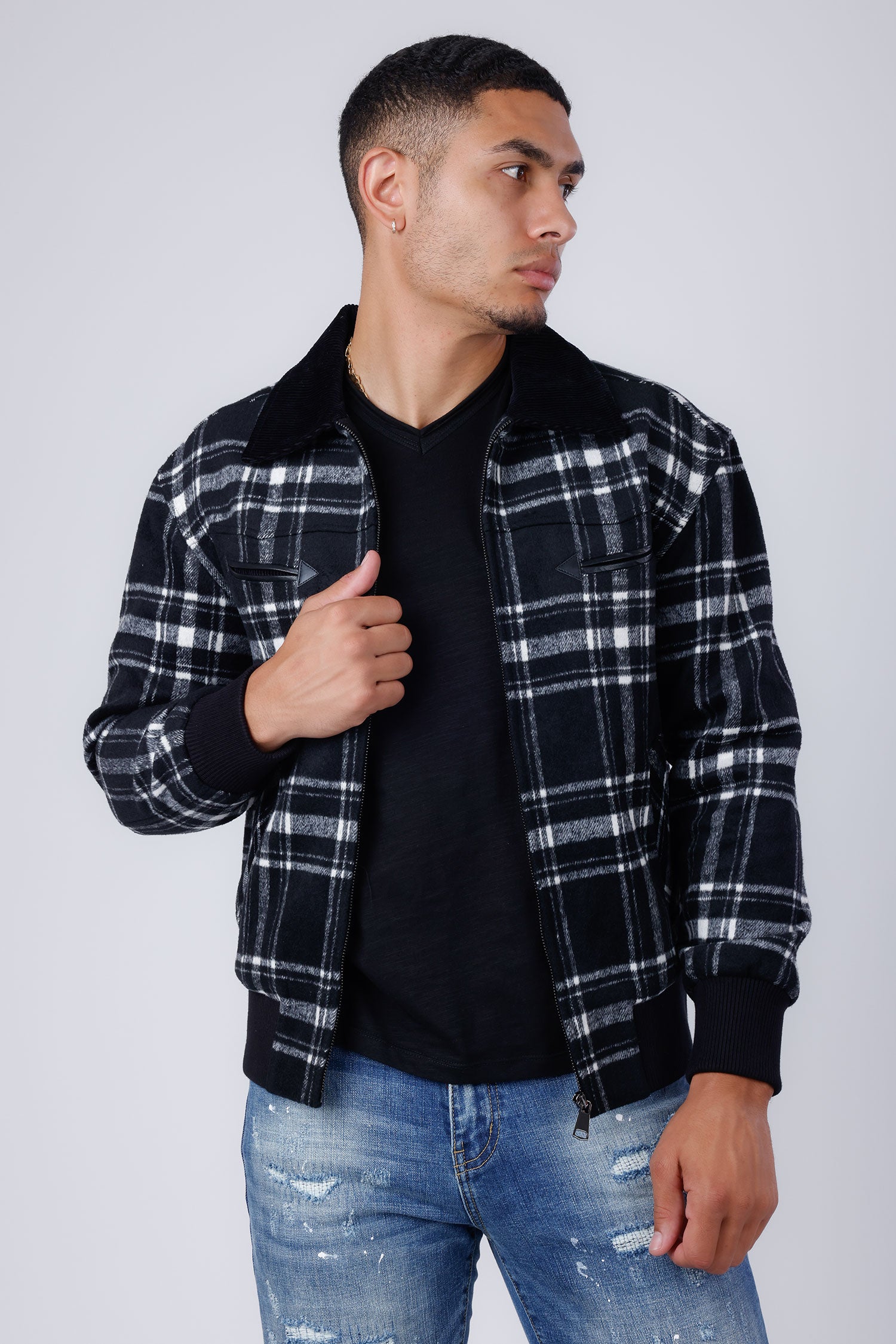 Barabas Men's Plaid Wool Winter Bomber Jacket 4BH91 Grey
