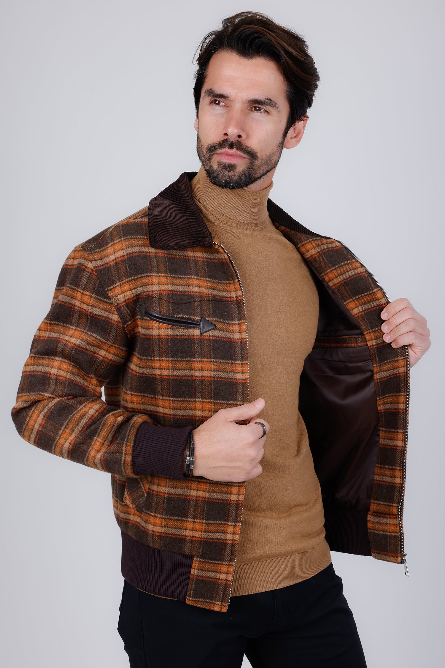 Barabas Men's Plaid Wool Winter Bomber Jacket 4BH91 Coffee