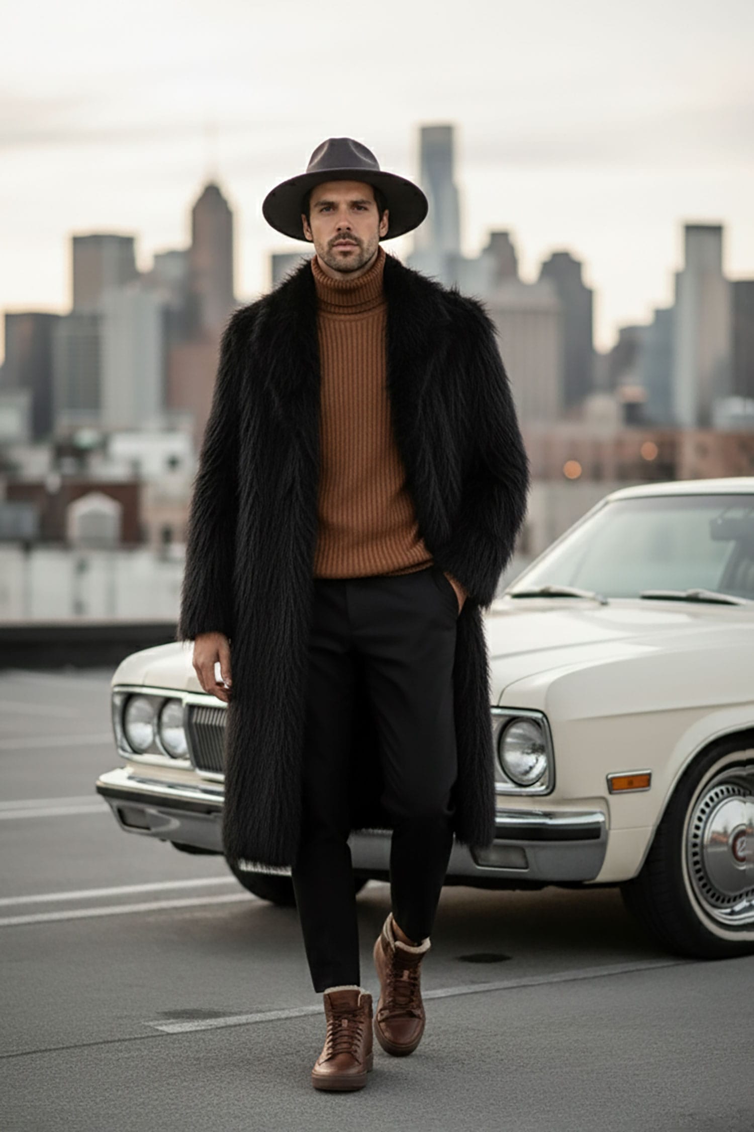 Barabas Men's Fur Shawl Lapel Luxury Long Coat 4BHL03 Black