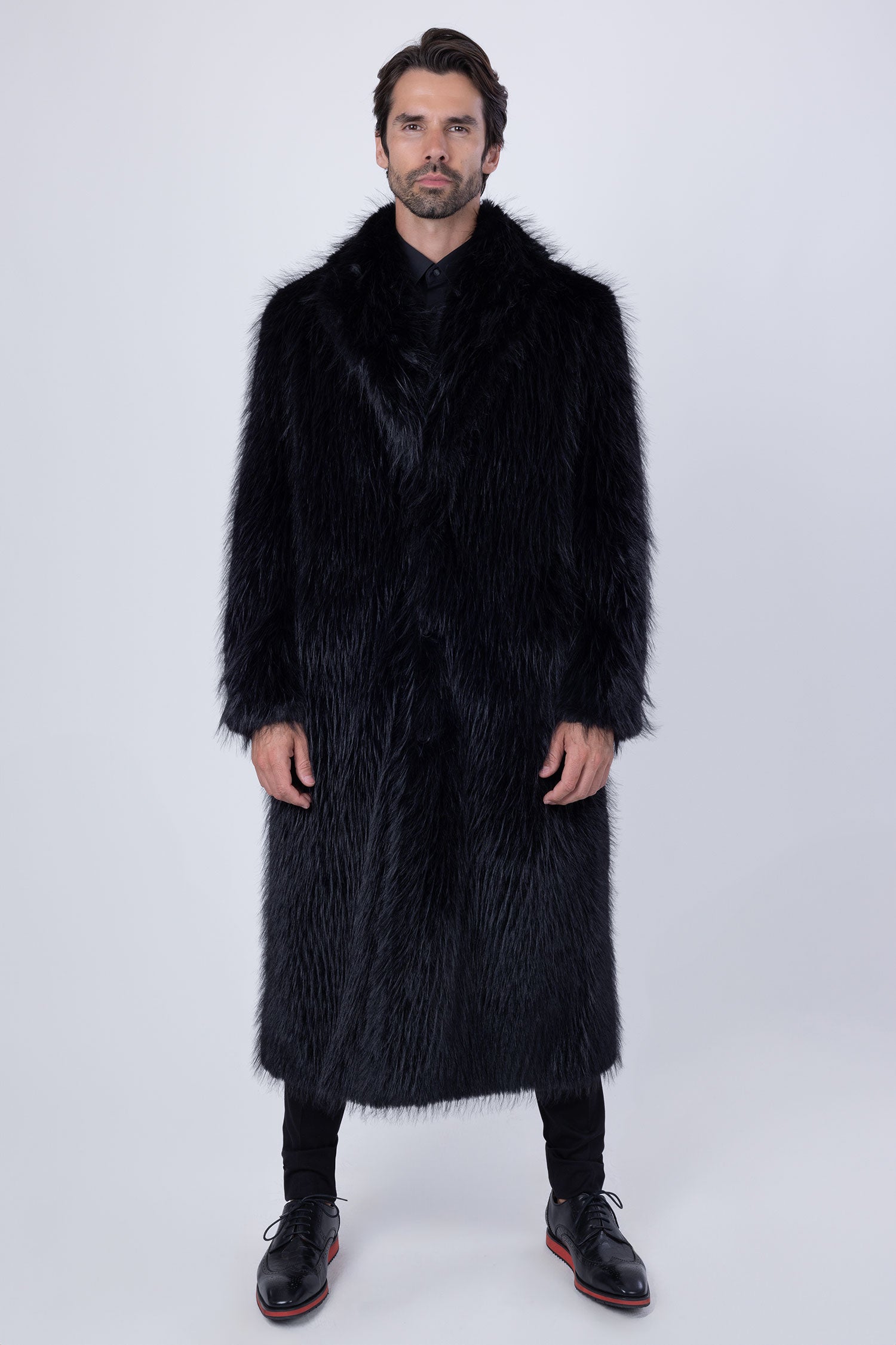Barabas Men's Fur Shawl Lapel Luxury Long Coat 4BHL03 Black