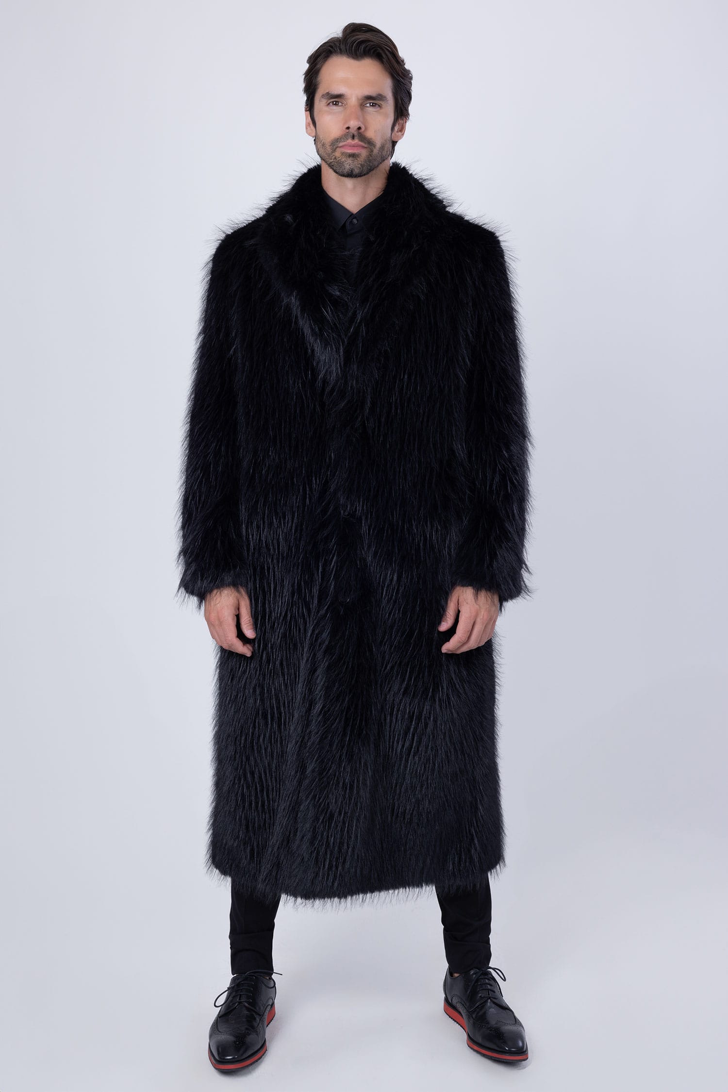 Barabas Men's Fur Shawl Lapel Luxury Long Coat 4BHL03 Black