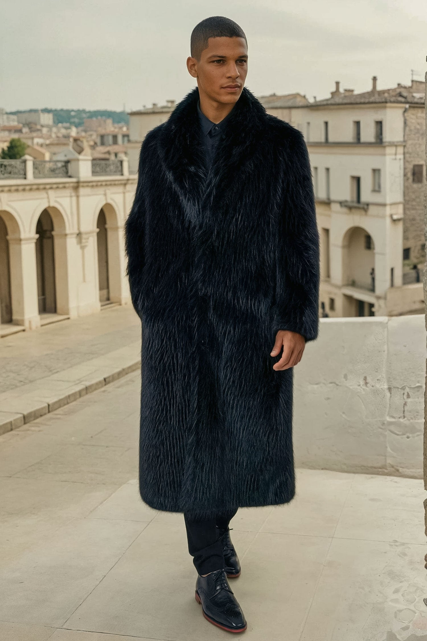 Barabas Men's Fur Shawl Lapel Luxury Long Coat 4BHL03 Black