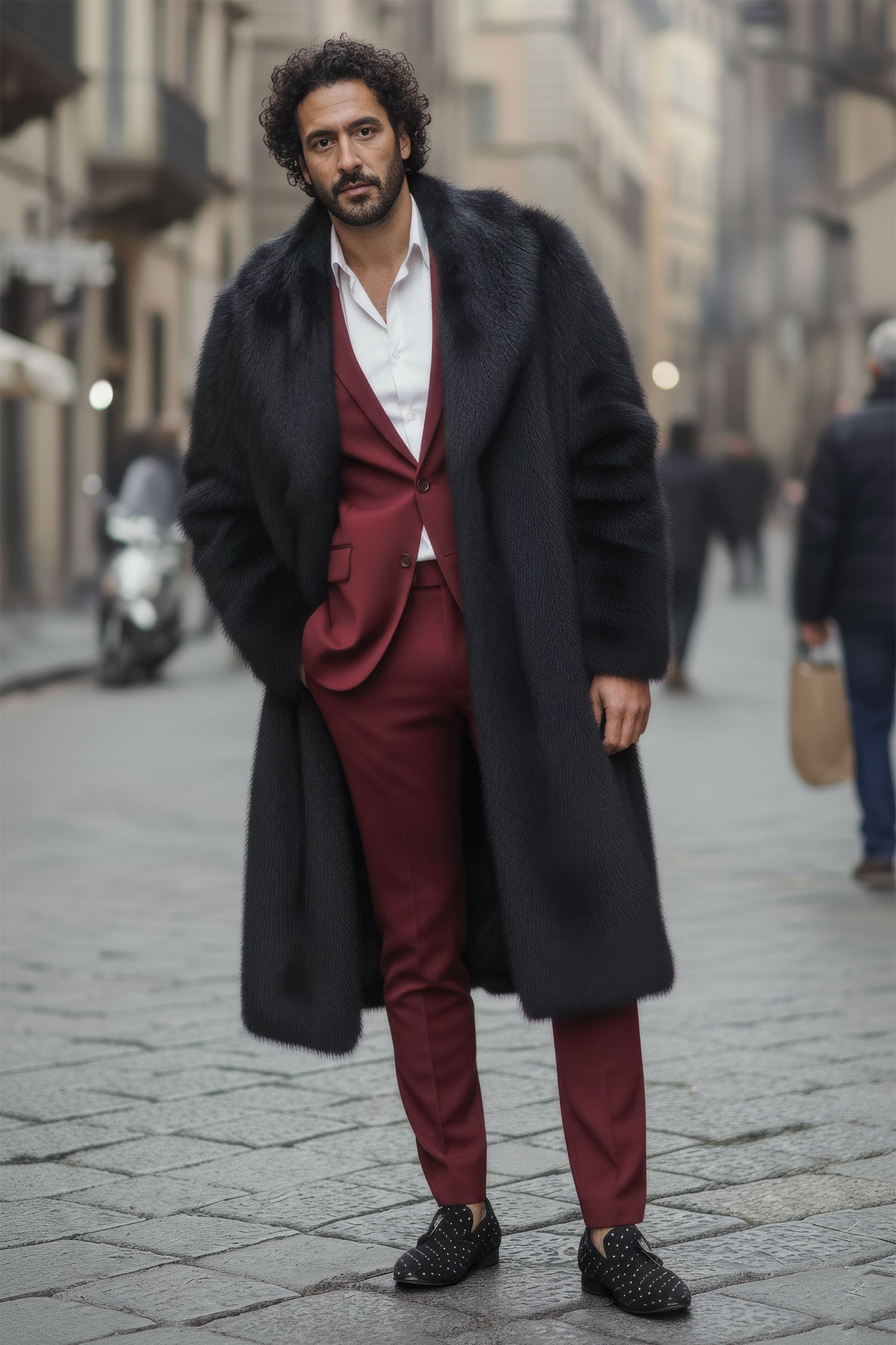 Barabas Men's Fur Shawl Lapel Luxury Long Coat 4BHL04 Black