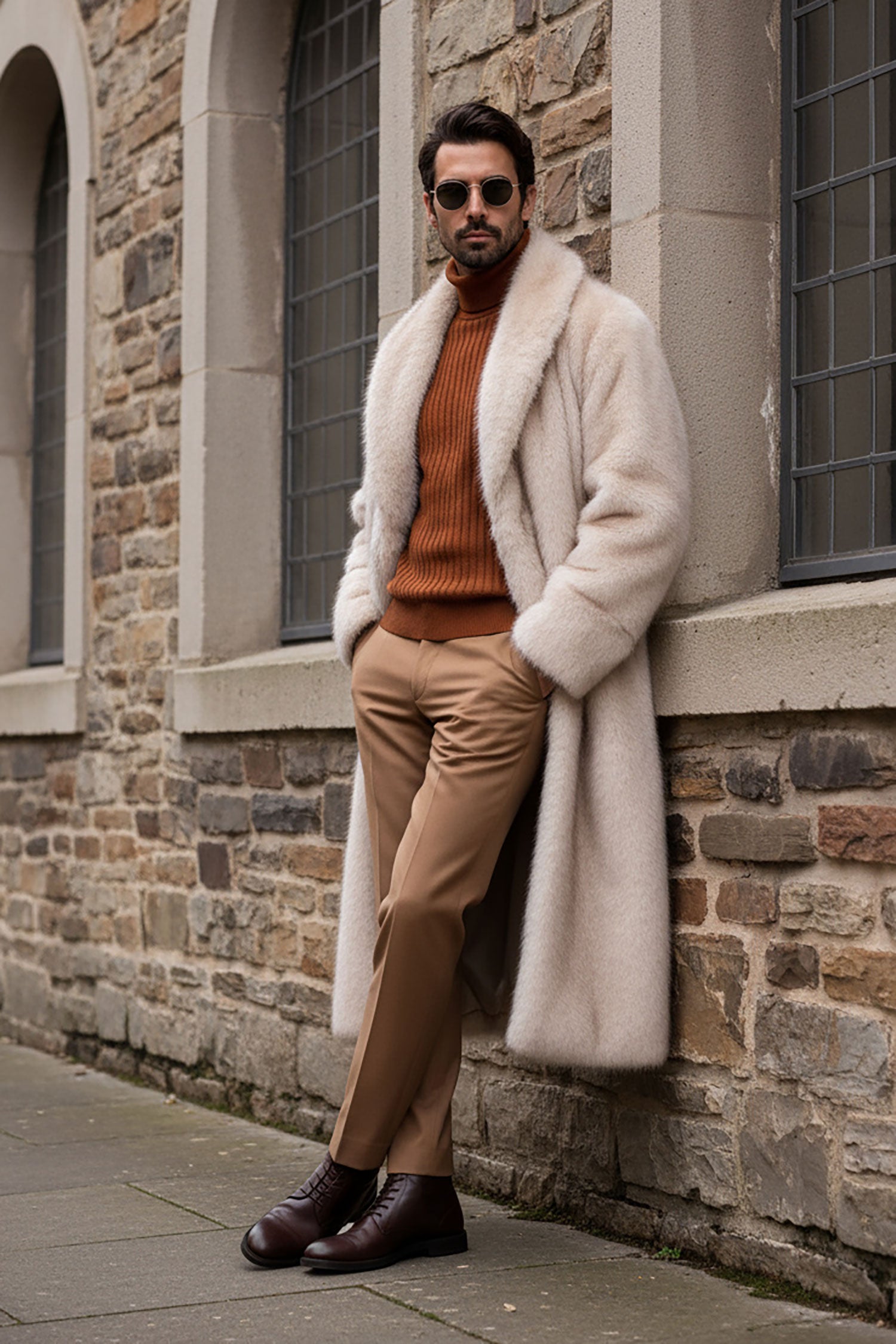 Barabas Men's Fur Shawl Lapel Luxury Long Coat 4BHL04 Cream