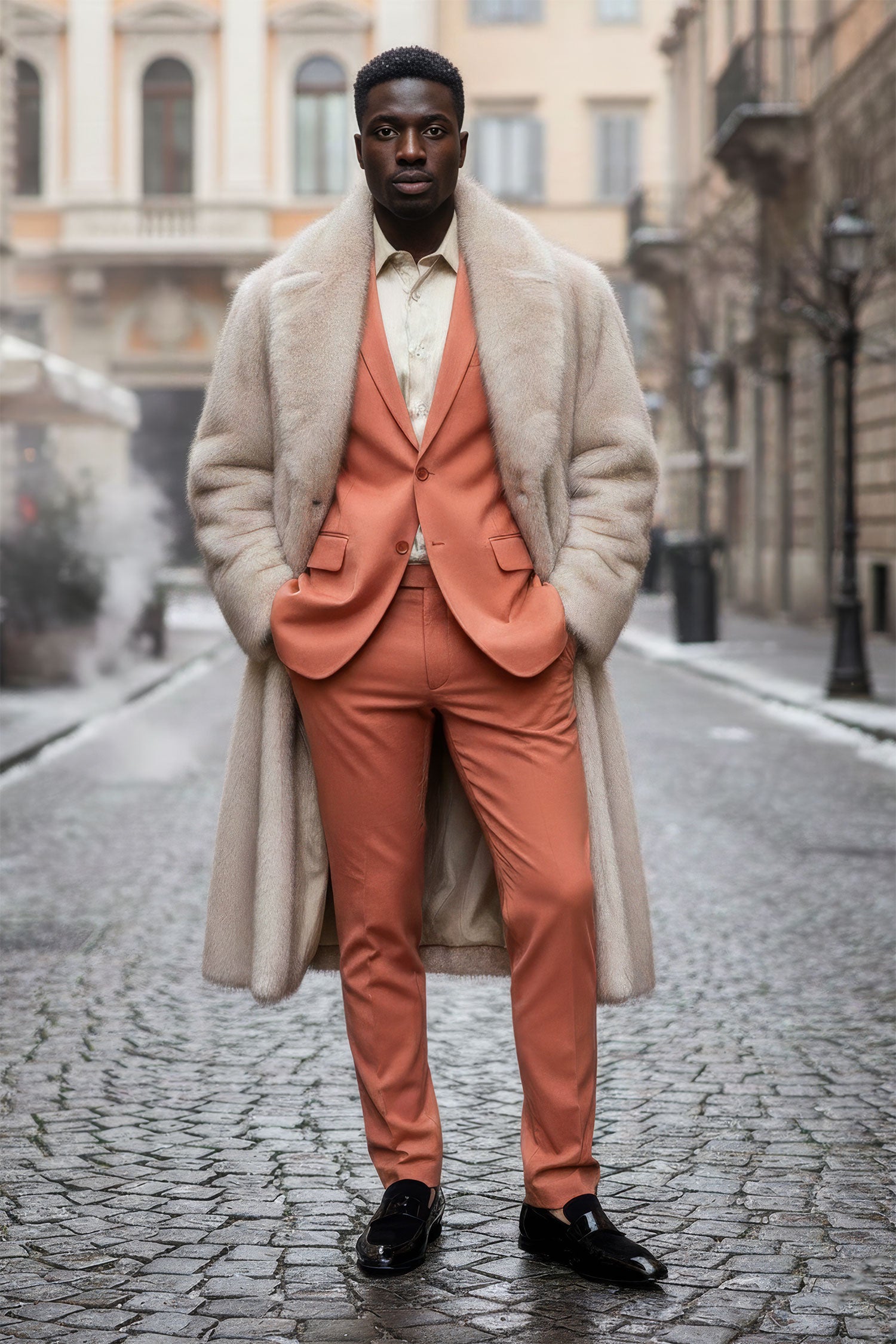 Barabas Men's Fur Shawl Lapel Luxury Long Coat 4BHL04 Cream