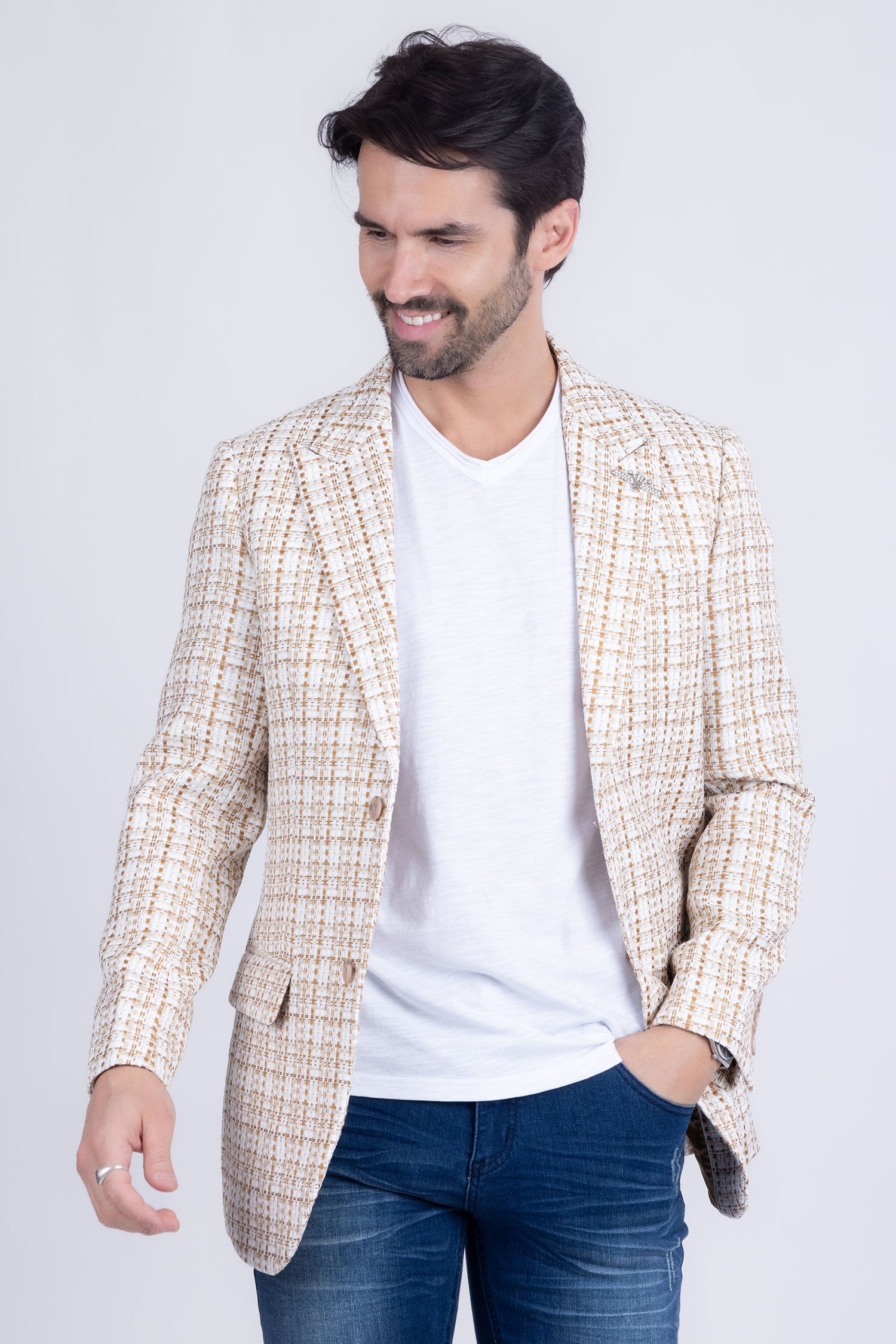 Barabas Men's Weave Pattern Premium Peak Lapel Blazer 4BL24 Camel Tan