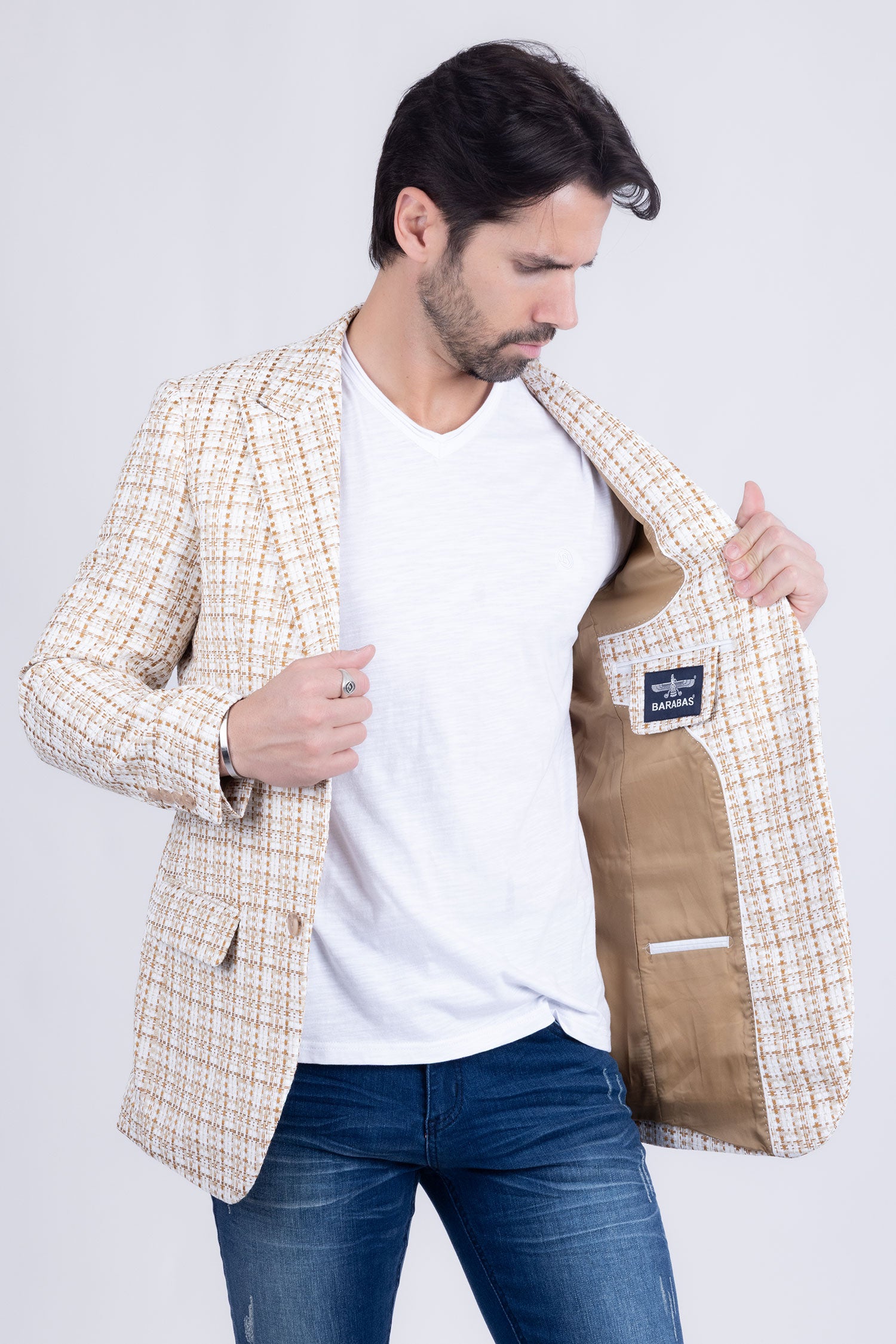 Barabas Men's Weave Pattern Premium Peak Lapel Blazer 4BL24 Camel Tan