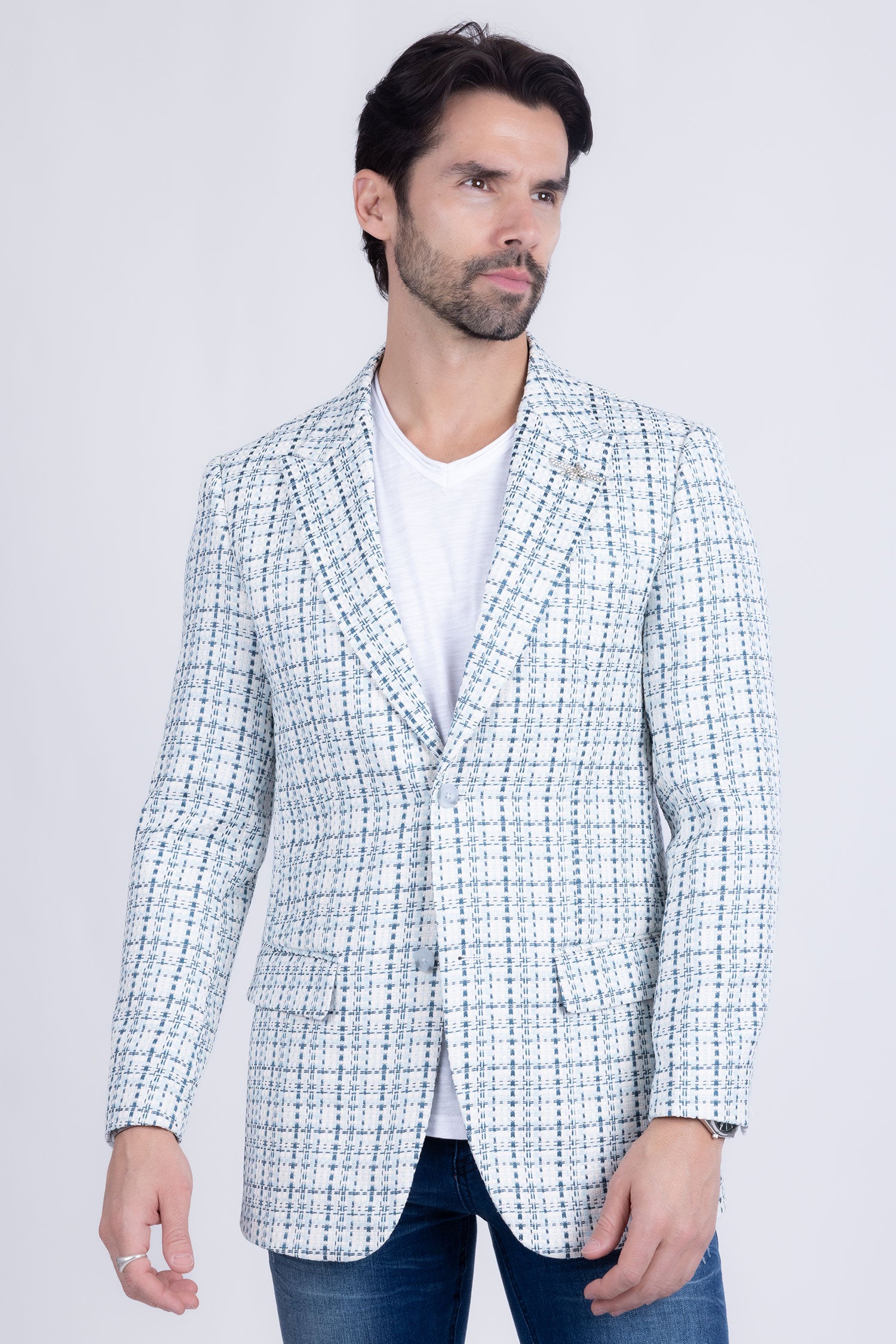 Barabas Men's Weave Pattern Premium Peak Lapel Blazer 4BL24 Green Blue