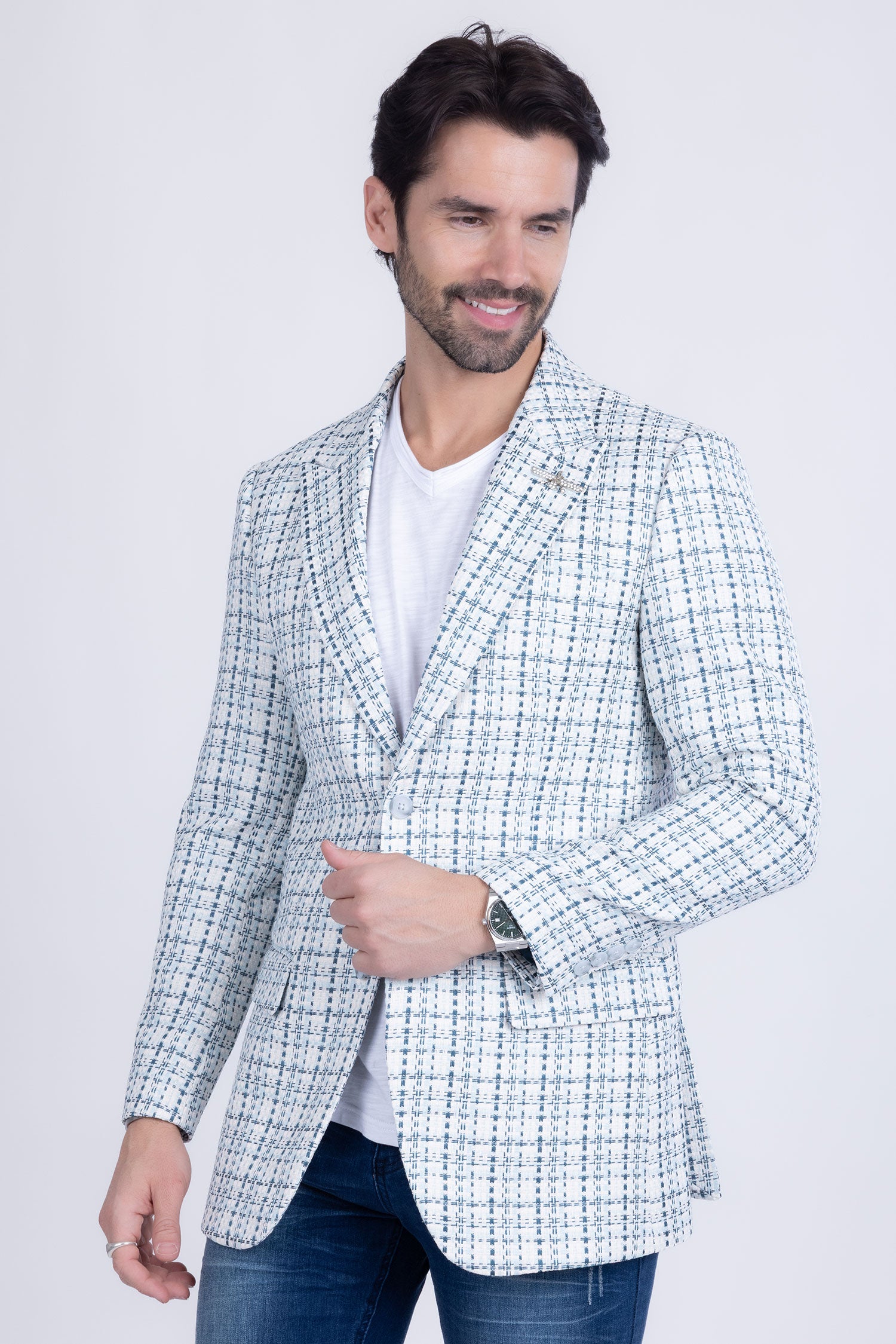 Barabas Men's Weave Pattern Premium Peak Lapel Blazer 4BL24 Green Blue