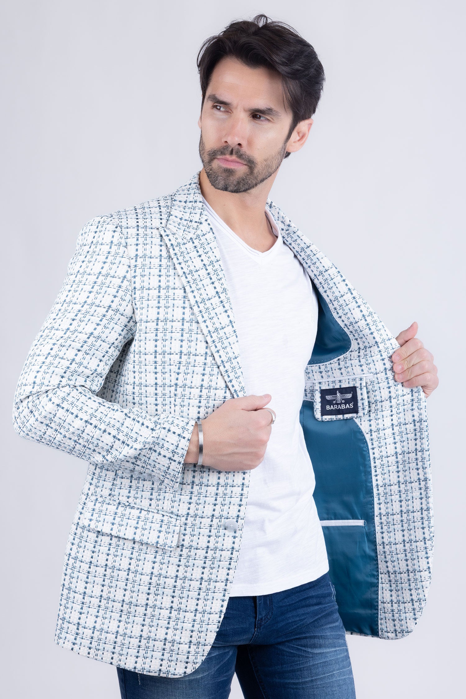 Barabas Men's Weave Pattern Premium Peak Lapel Blazer 4BL24 Green Blue