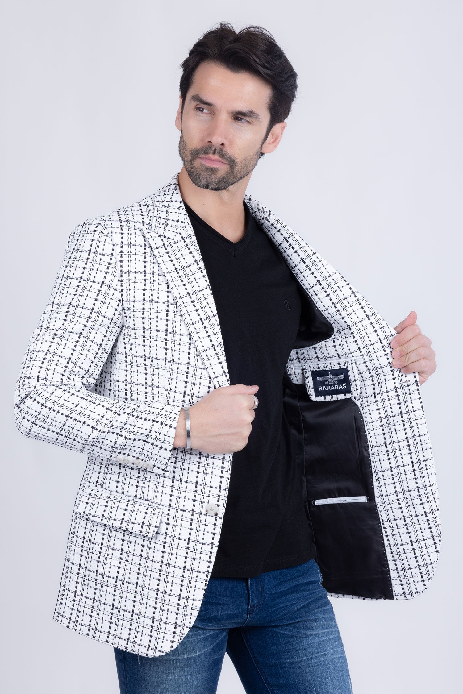 Barabas Men's Weave Pattern Premium Peak Lapel Blazer 4BL24 White Black
