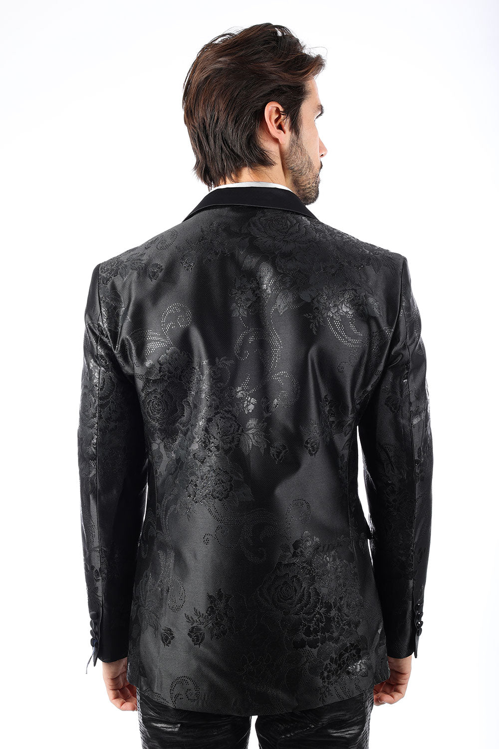 Barabas Men's Shiny Floral Pattern Long Sleeve Blazer 4BL25 Black