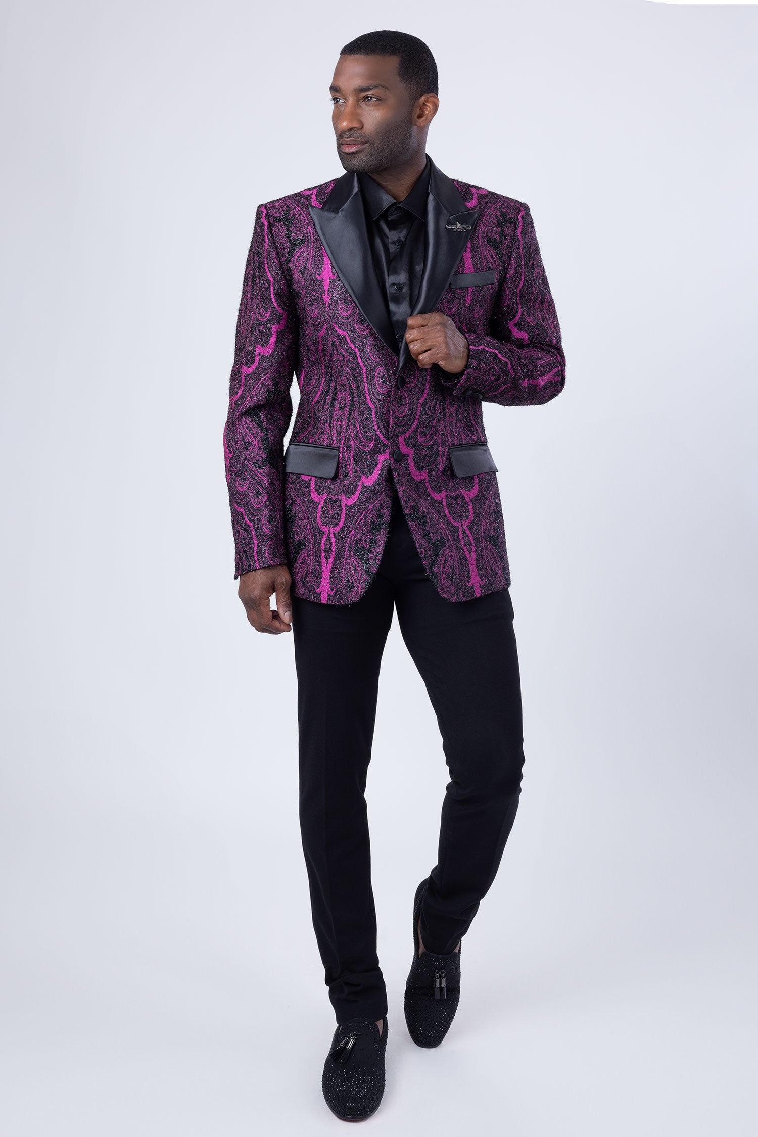 Barabas Men's Fleur-De-Lis Wool Satin Peak Lapel Blazer 4BL38 Black Fuchsia