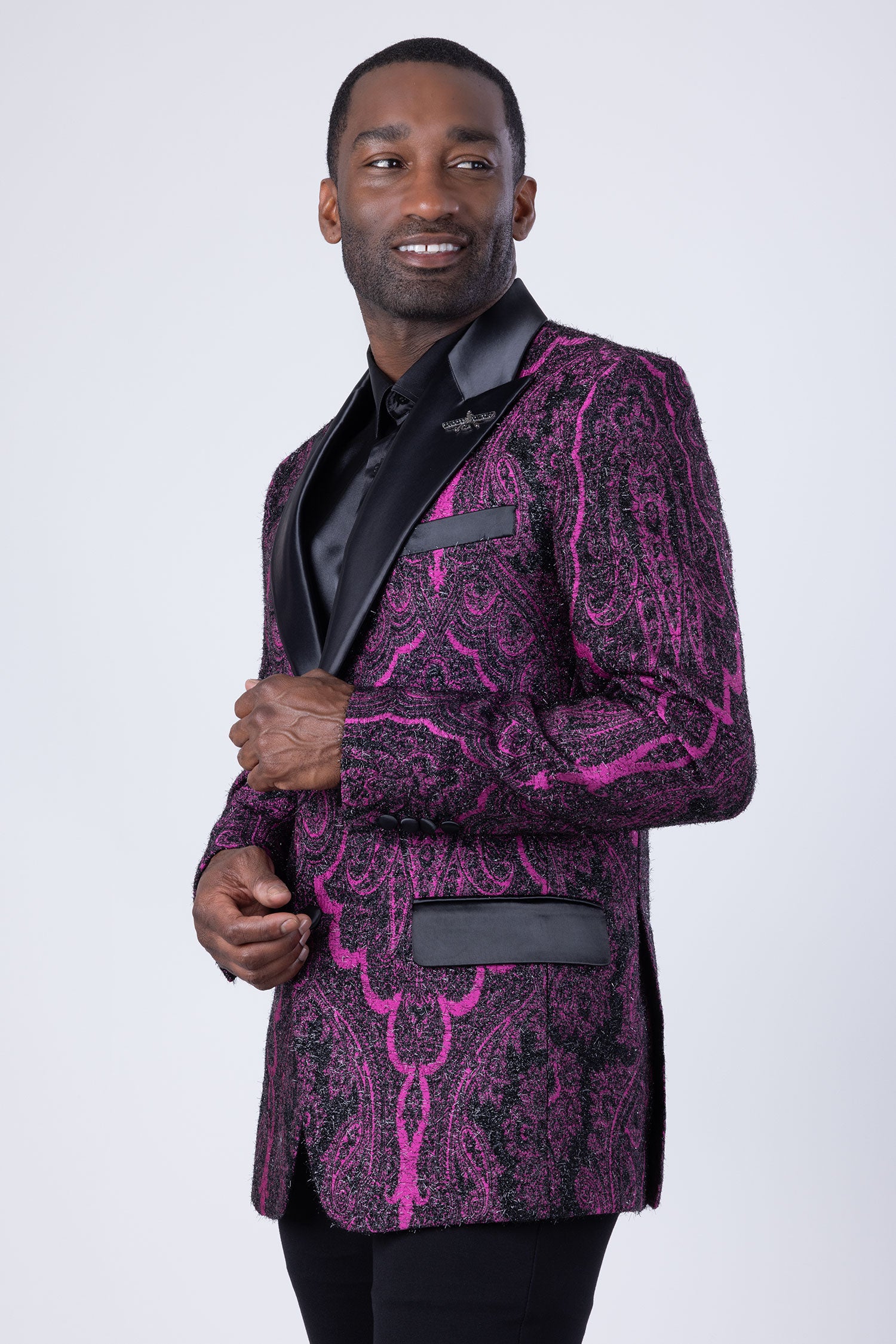 Barabas Men's Fleur-De-Lis Wool Satin Peak Lapel Blazer 4BL38 Black Fuchsia