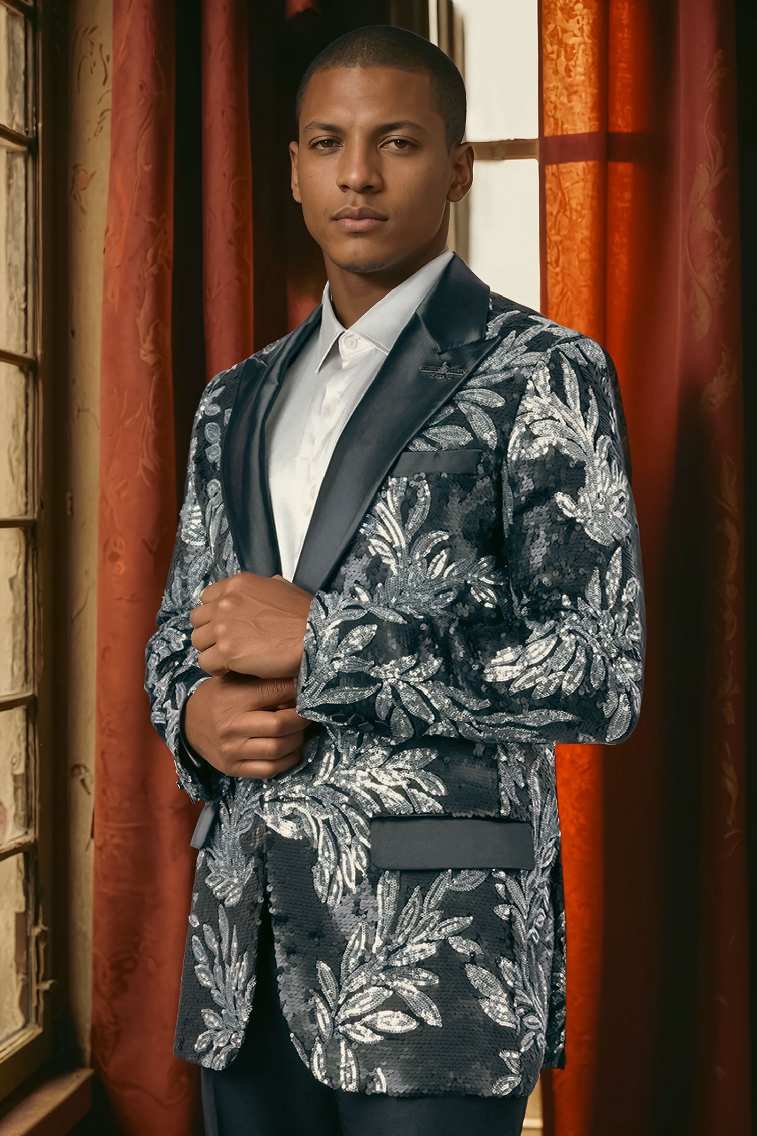 BARABAS Men's Floral Baroque Sequins Luxury Prom Blazer 4BL39 Black Silver