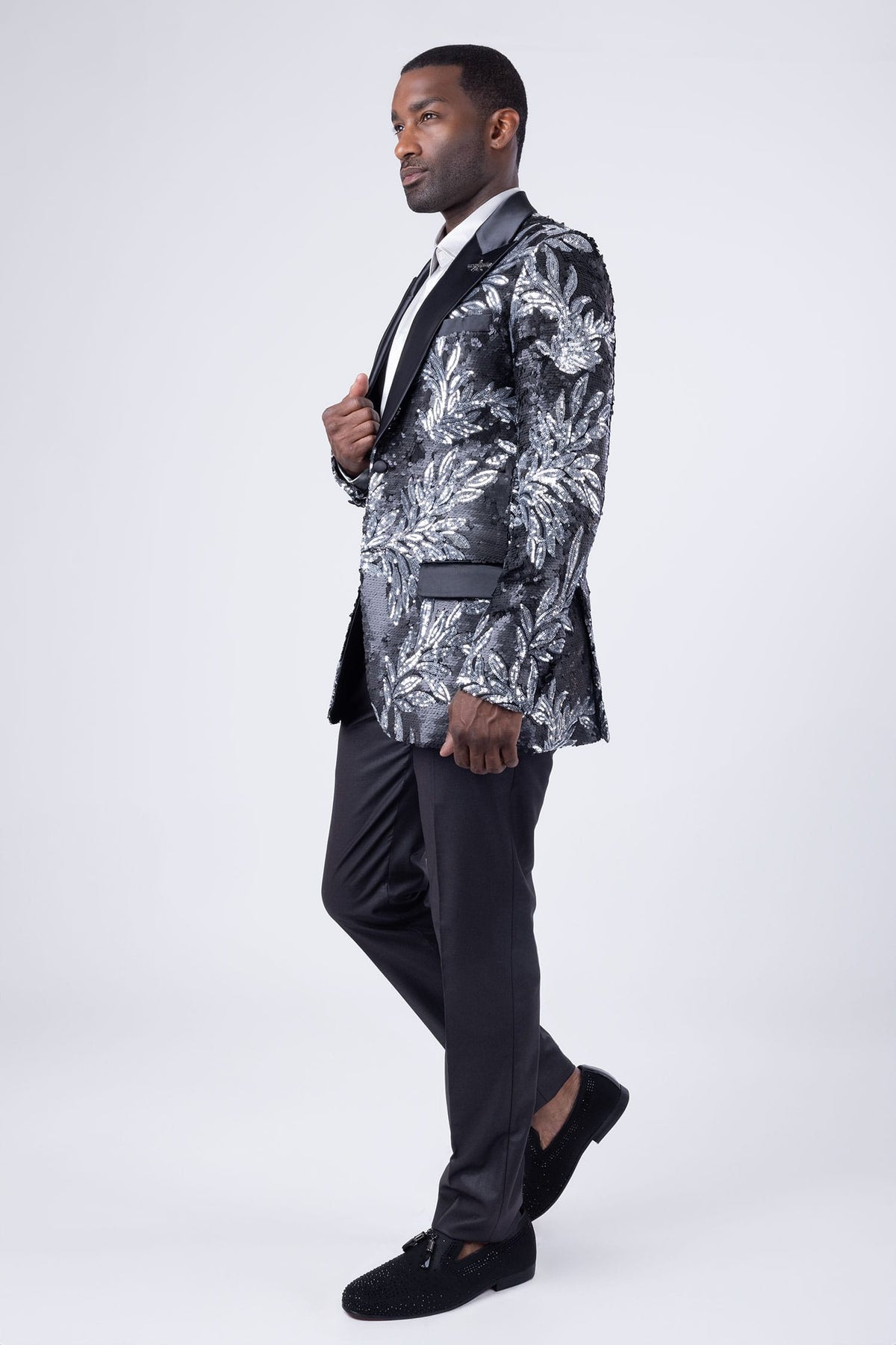 BARABAS Men's Floral Baroque Sequins Luxury Prom Blazer 4BL39 #Color_Black Silver