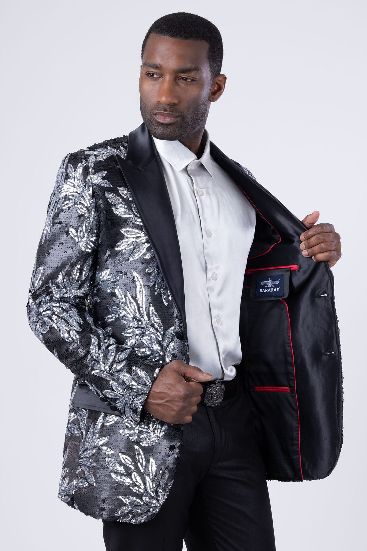 BARABAS Men's Floral Baroque Sequins Luxury Prom Blazer 4BL39 #Color_Black Silver